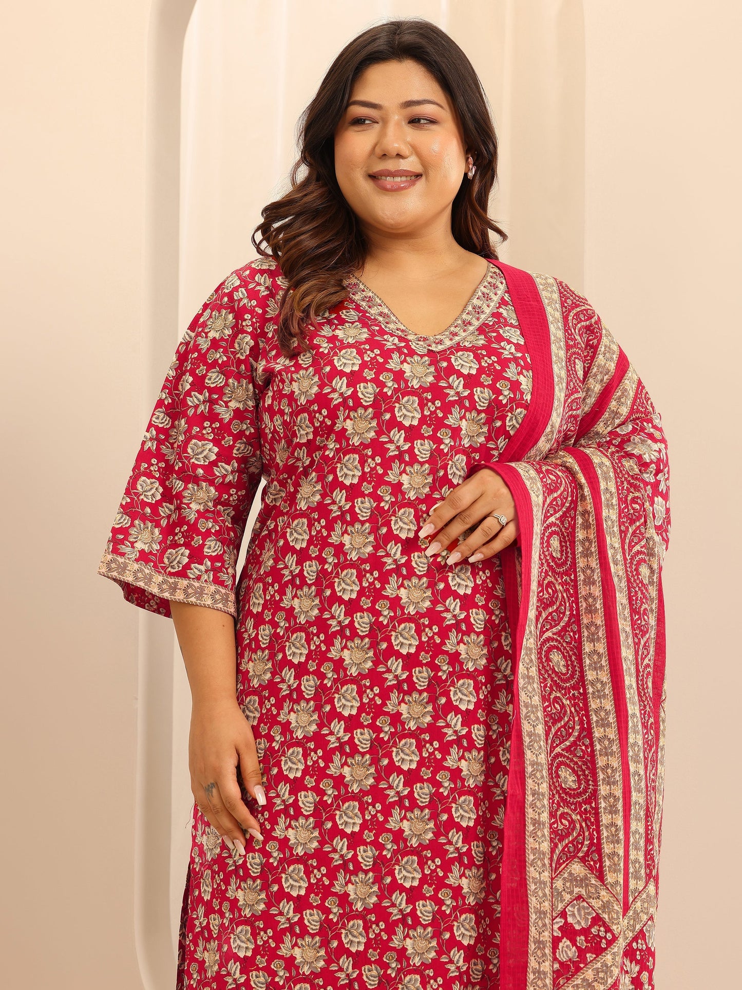 Plus Size Red Printed Cotton Straight Suit Set With Dupatta