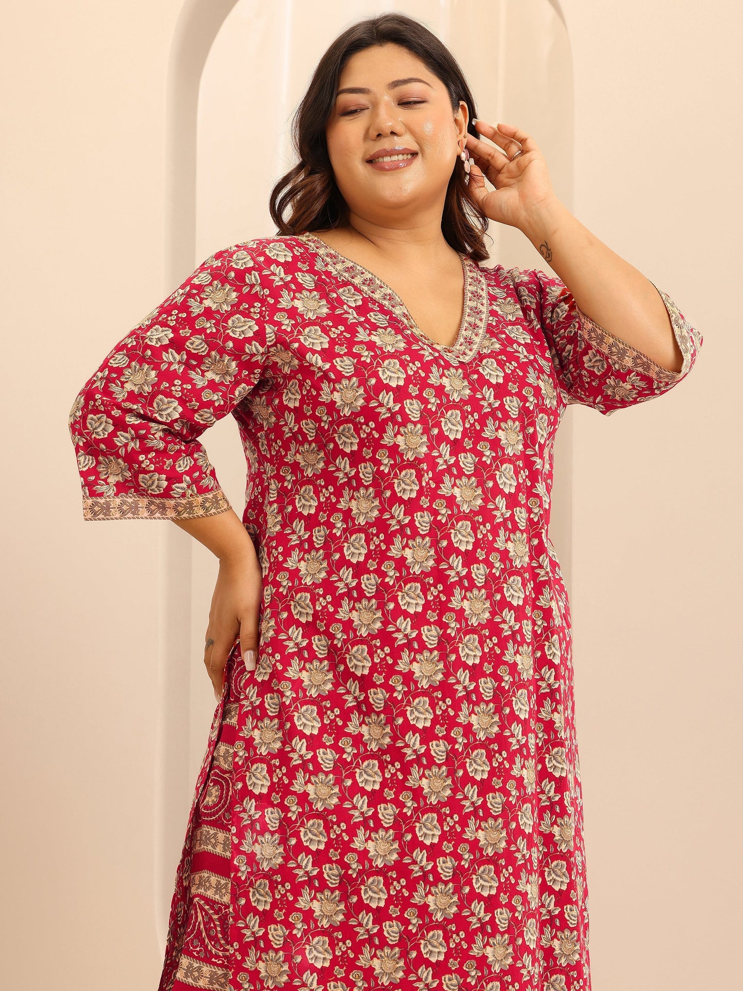 Plus Size Red Printed Cotton Straight Suit Set With Dupatta