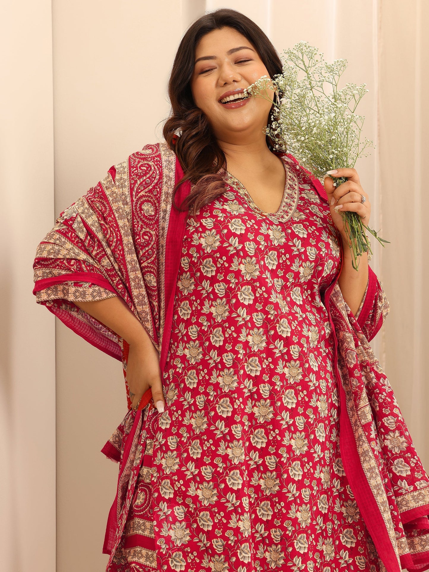 Plus Size Red Printed Cotton Straight Suit Set With Dupatta