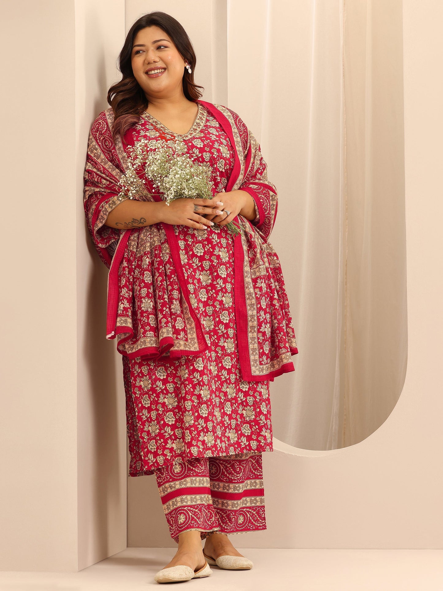 Plus Size Red Printed Cotton Straight Suit Set With Dupatta