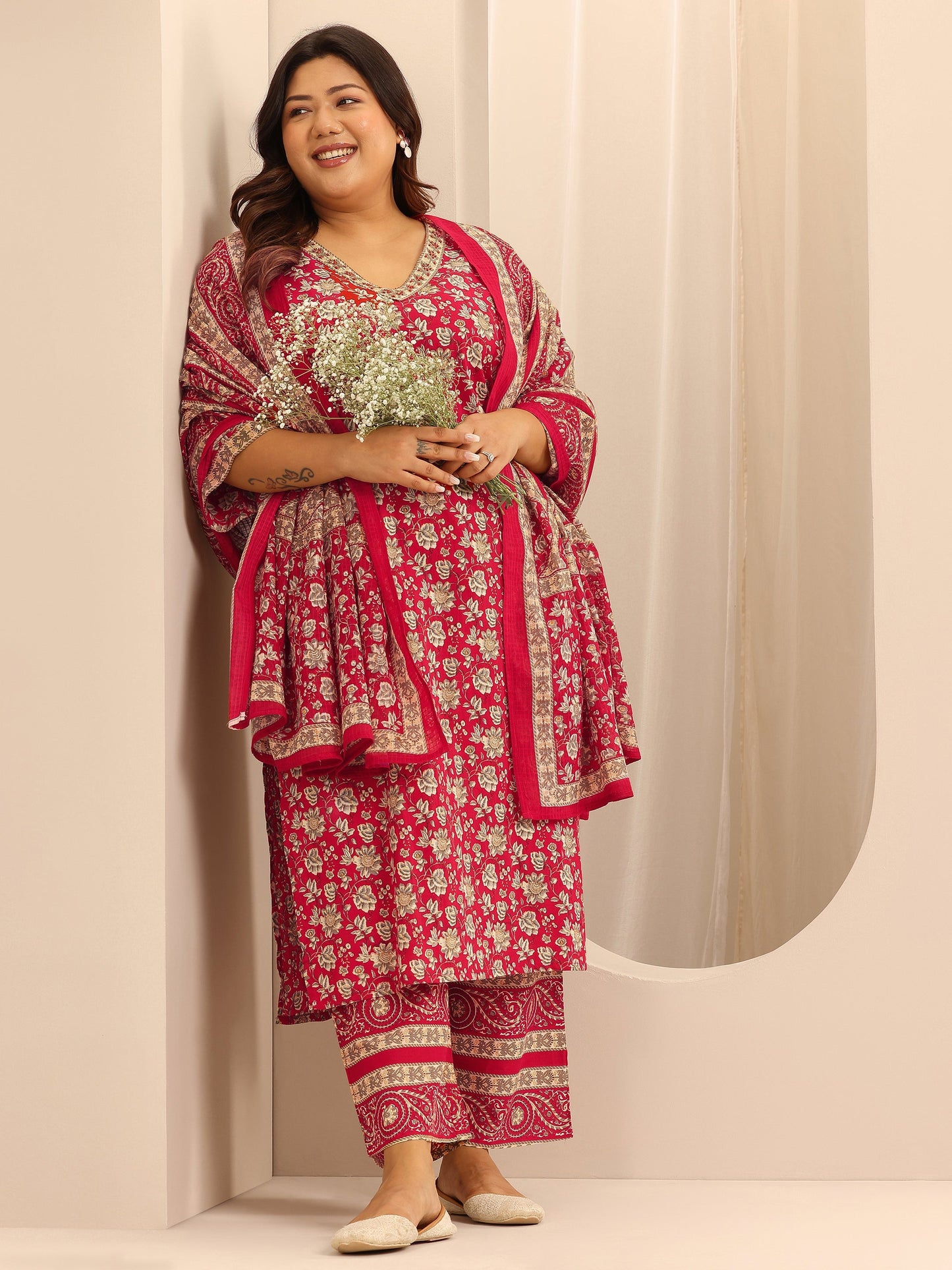 Plus Size Red Printed Cotton Straight Suit Set With Dupatta
