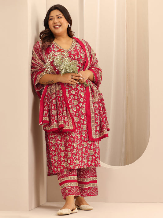 Plus Size Red Printed Cotton Straight Suit Set With Dupatta