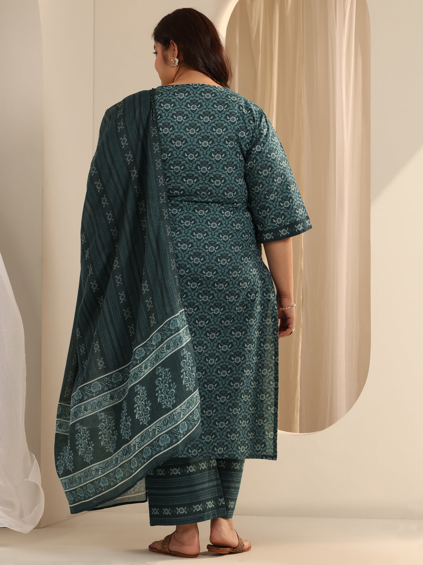 Plus Size Teal Printed Cotton Straight Suit Set With Dupatta