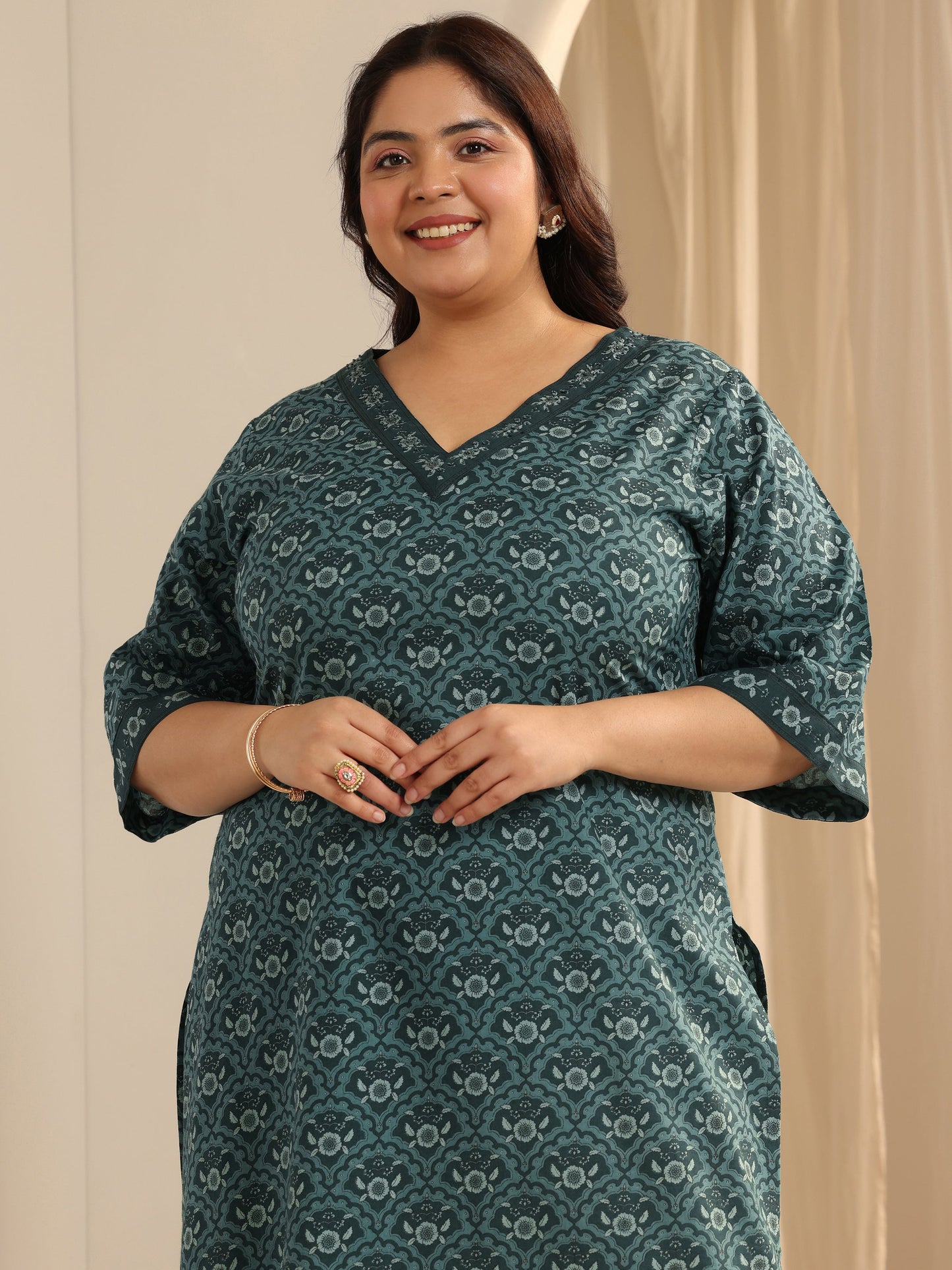 Plus Size Teal Printed Cotton Straight Suit Set With Dupatta