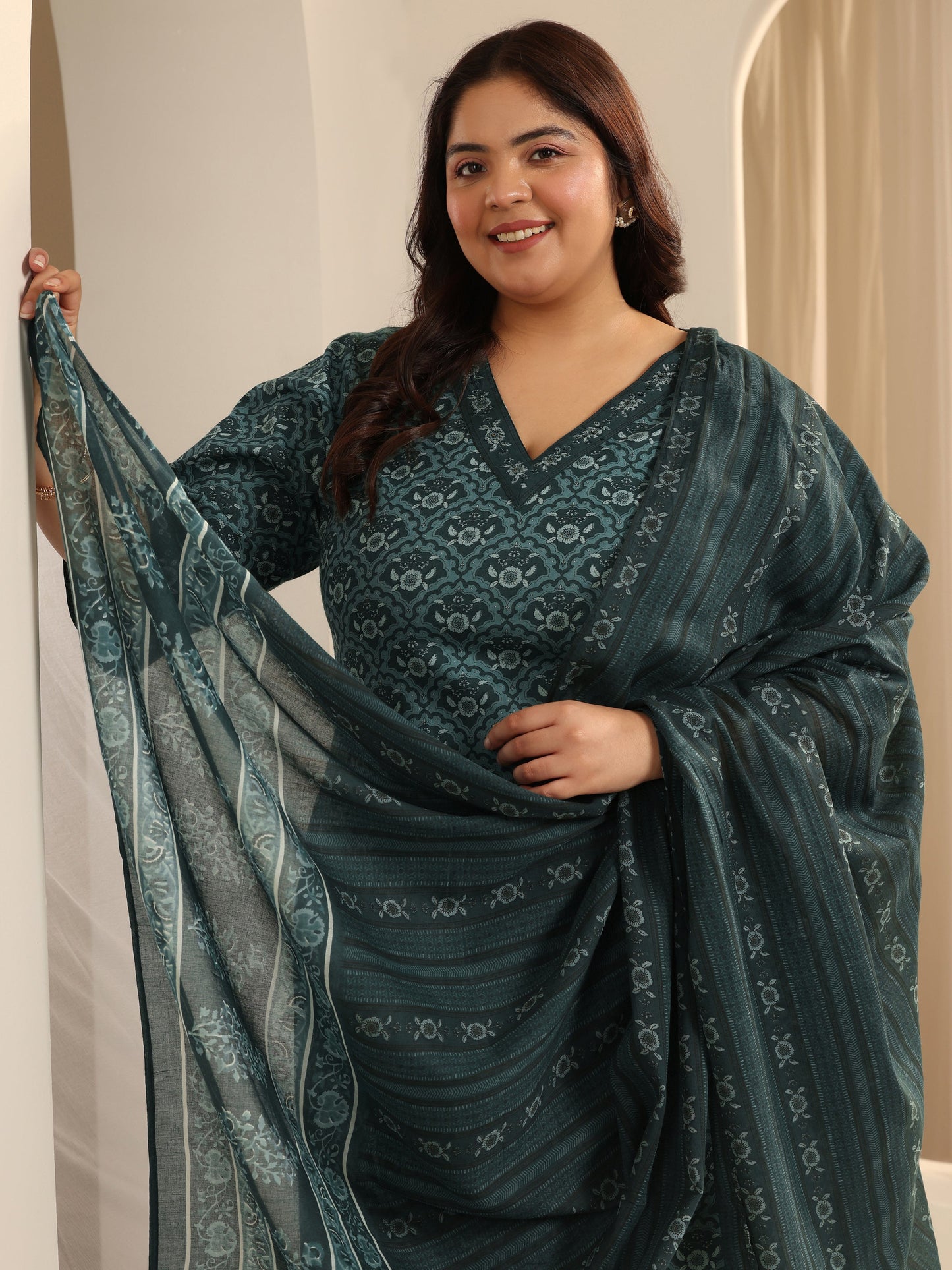Plus Size Teal Printed Cotton Straight Suit Set With Dupatta