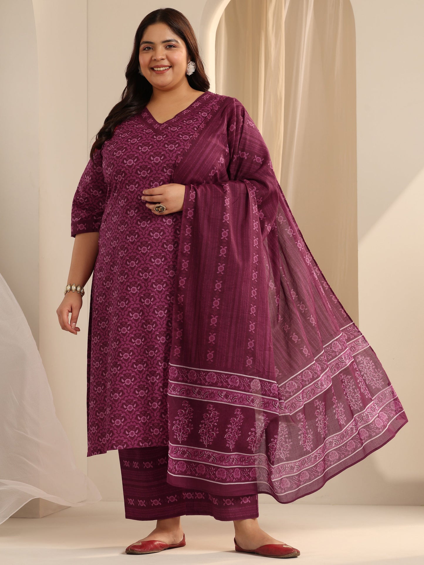 Plus Size Burgundy Printed Cotton Straight Suit Set With Dupatta
