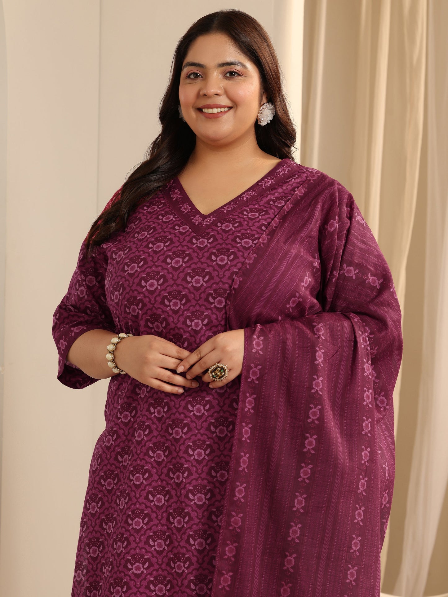 Plus Size Burgundy Printed Cotton Straight Suit Set With Dupatta