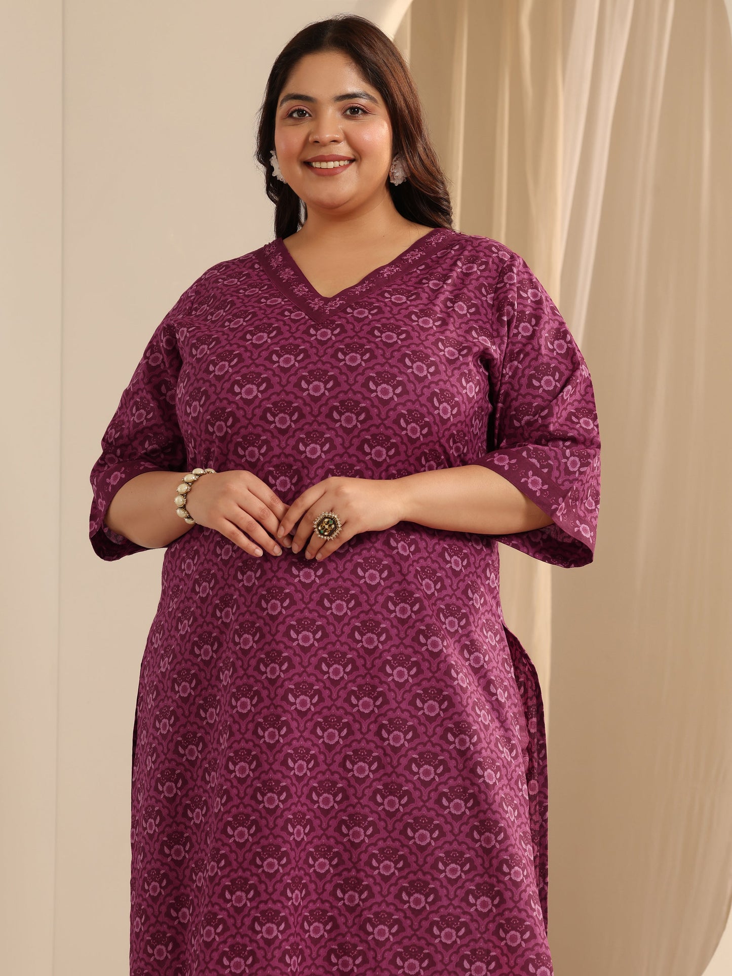 Plus Size Burgundy Printed Cotton Straight Suit Set With Dupatta