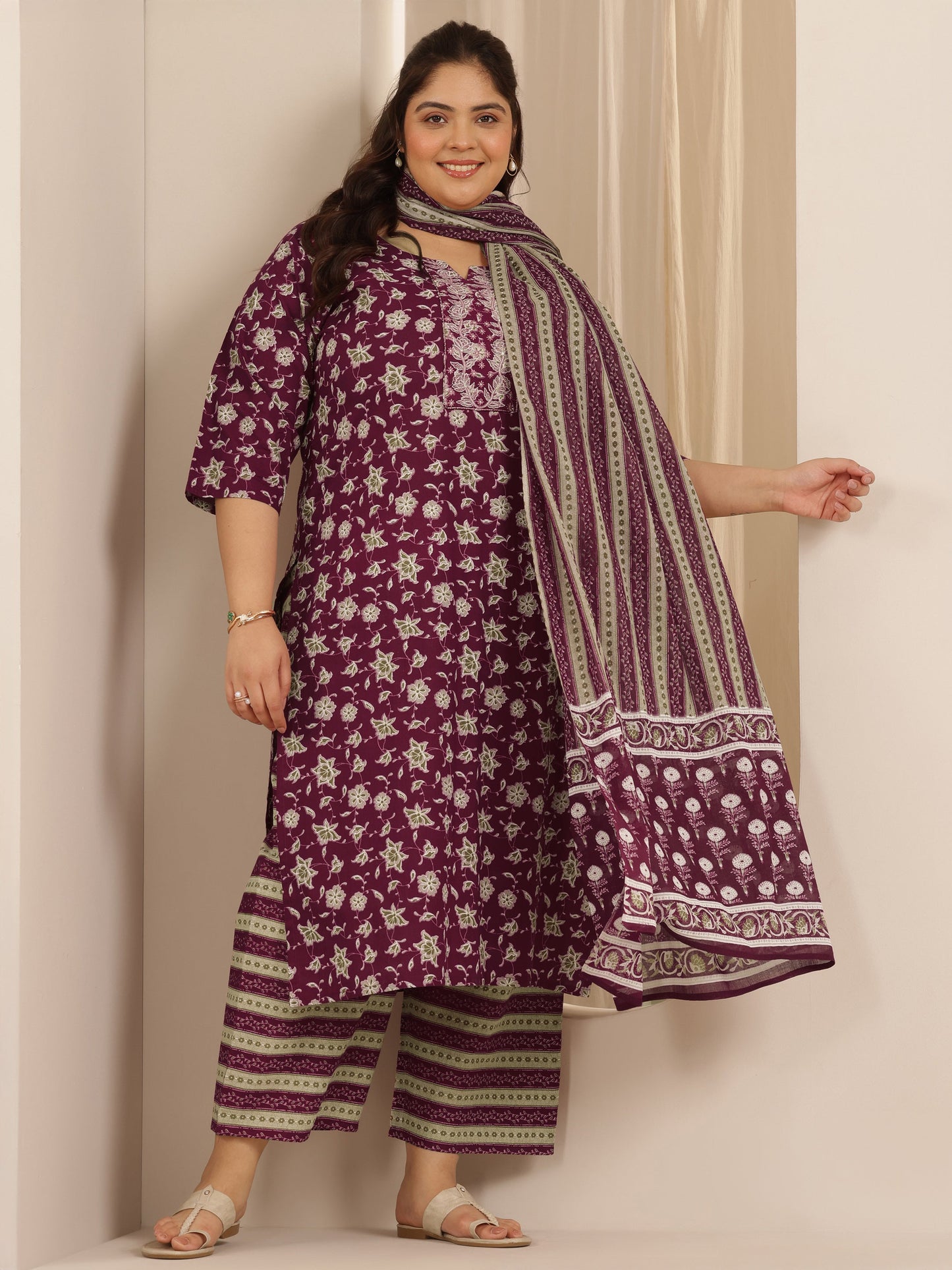 Plus Size Burgundy Printed Cotton Straight Suit Set With Dupatta