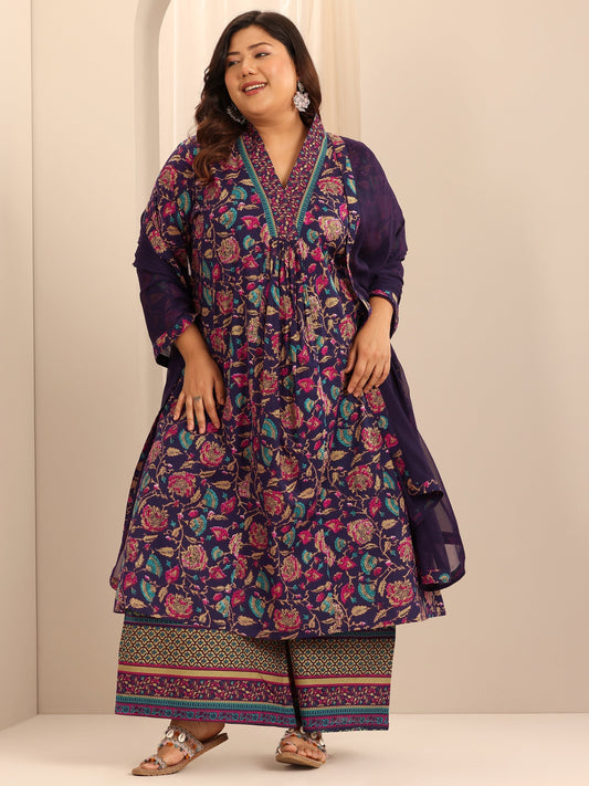 Plus Size Purple Printed Cotton A-Line Suit Set With Dupatta