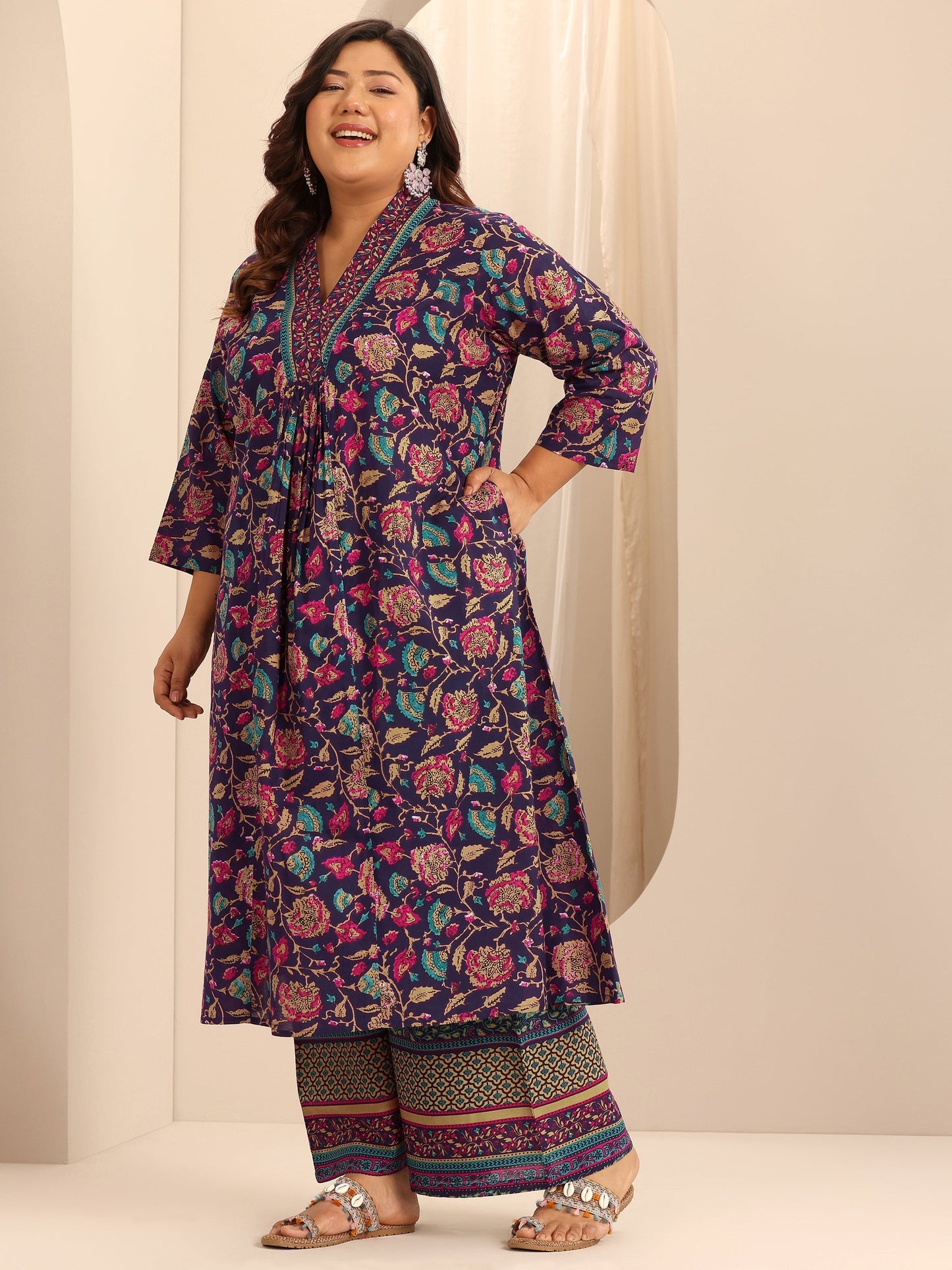 Plus Size Purple Printed Cotton A-Line Suit Set With Dupatta