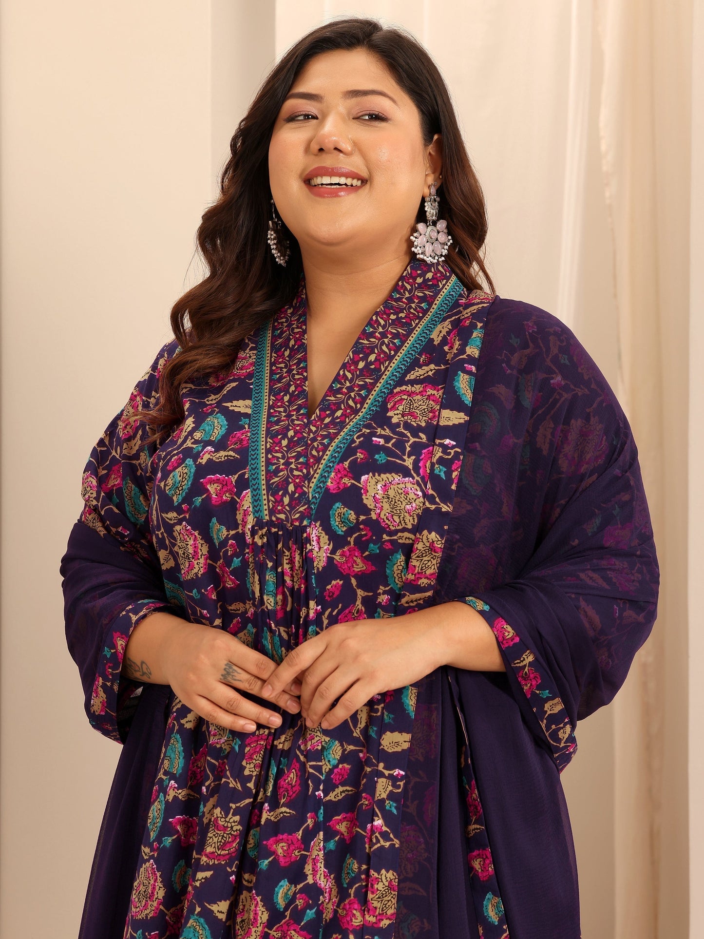 Plus Size Purple Printed Cotton A-Line Suit Set With Dupatta