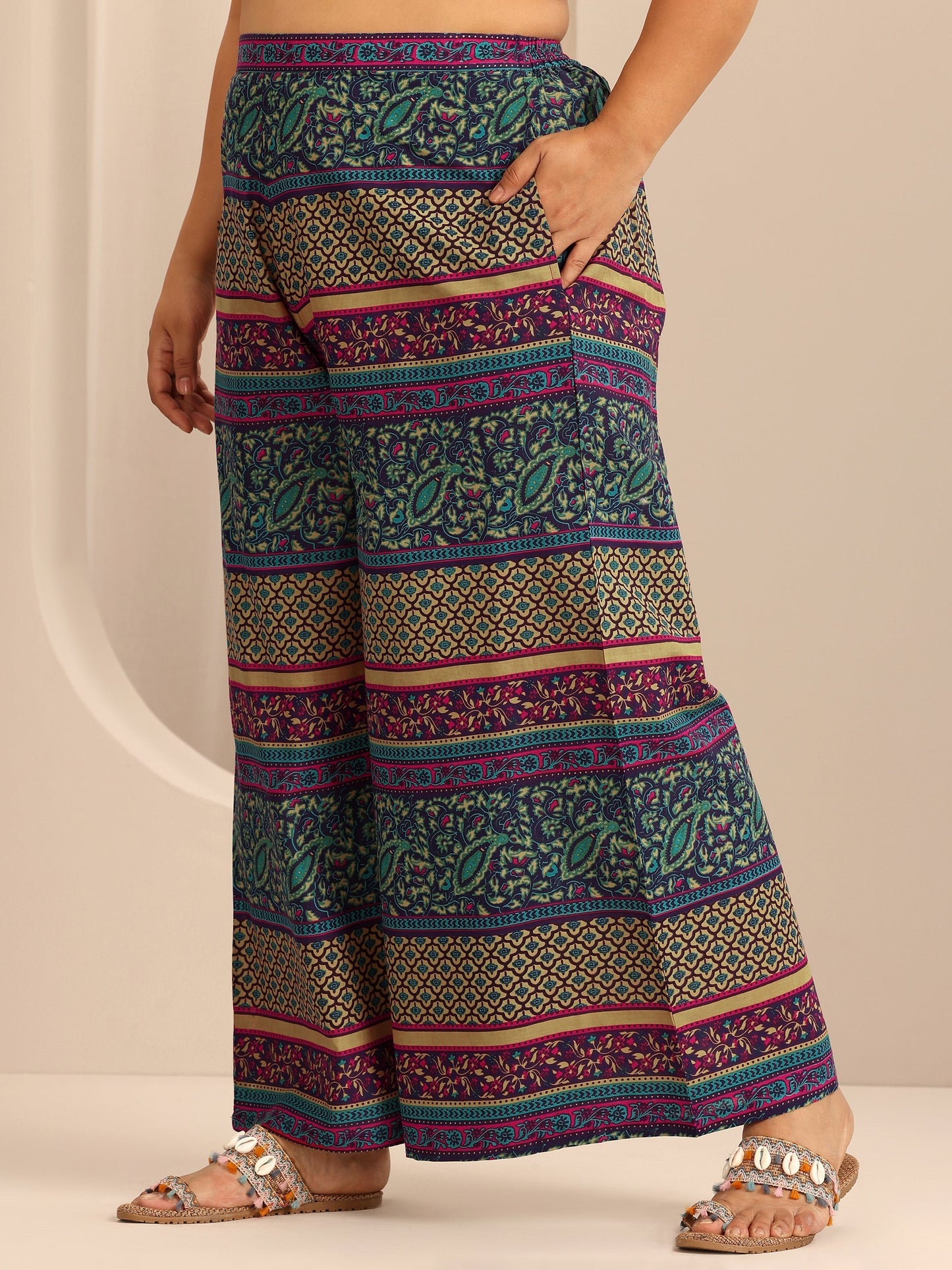 Plus Size Purple Printed Cotton A-Line Suit Set With Dupatta