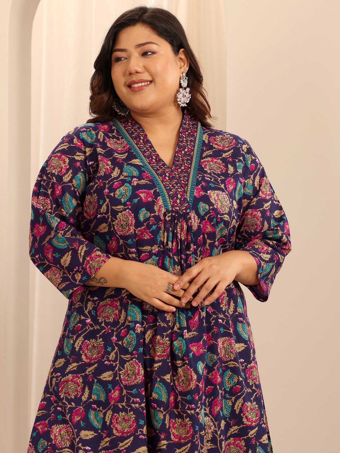 Plus Size Purple Printed Cotton A-Line Suit Set With Dupatta