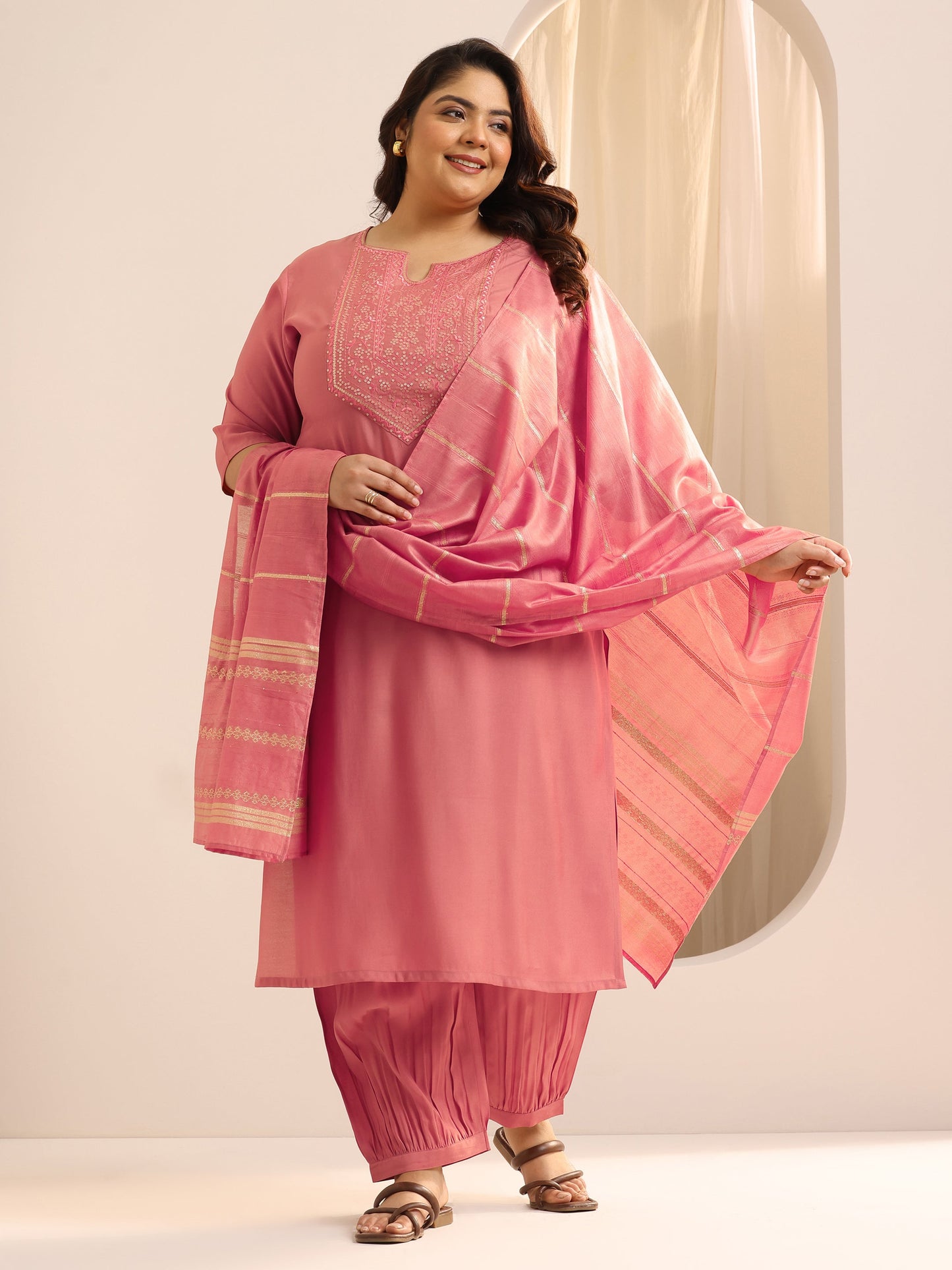 Plus Size Peach Yoke Design Silk Blend Straight Suit Set With Dupatta