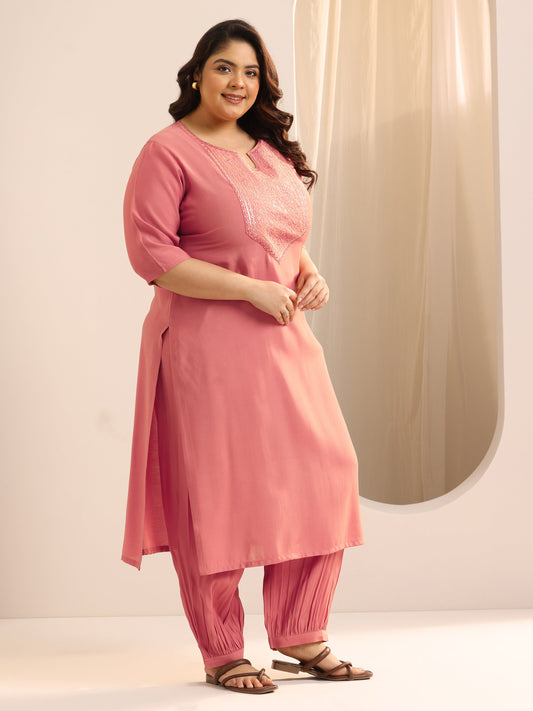 Plus Size Peach Yoke Design Silk Blend Straight Suit Set With Dupatta