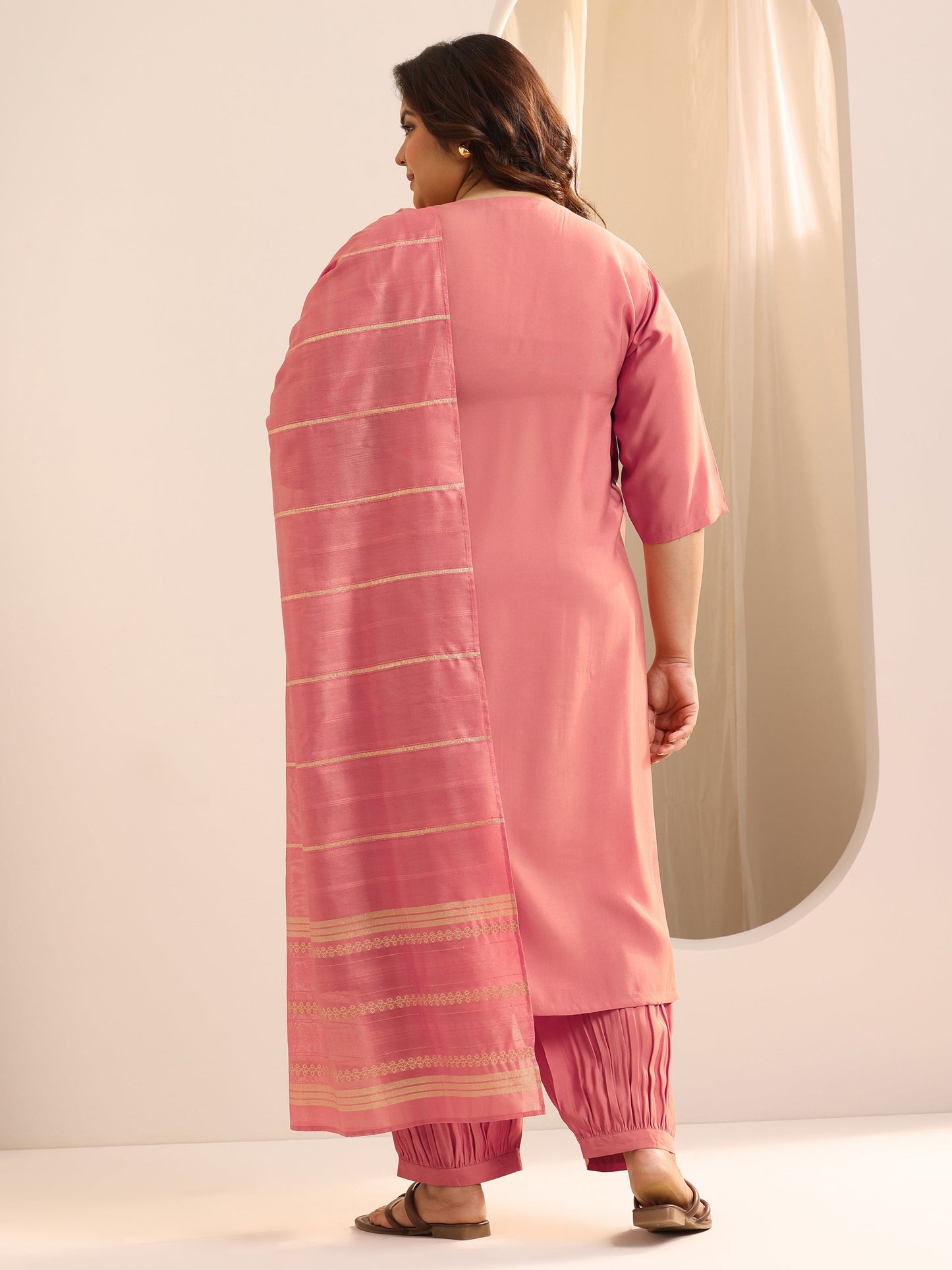 Plus Size Peach Yoke Design Silk Blend Straight Suit Set With Dupatta