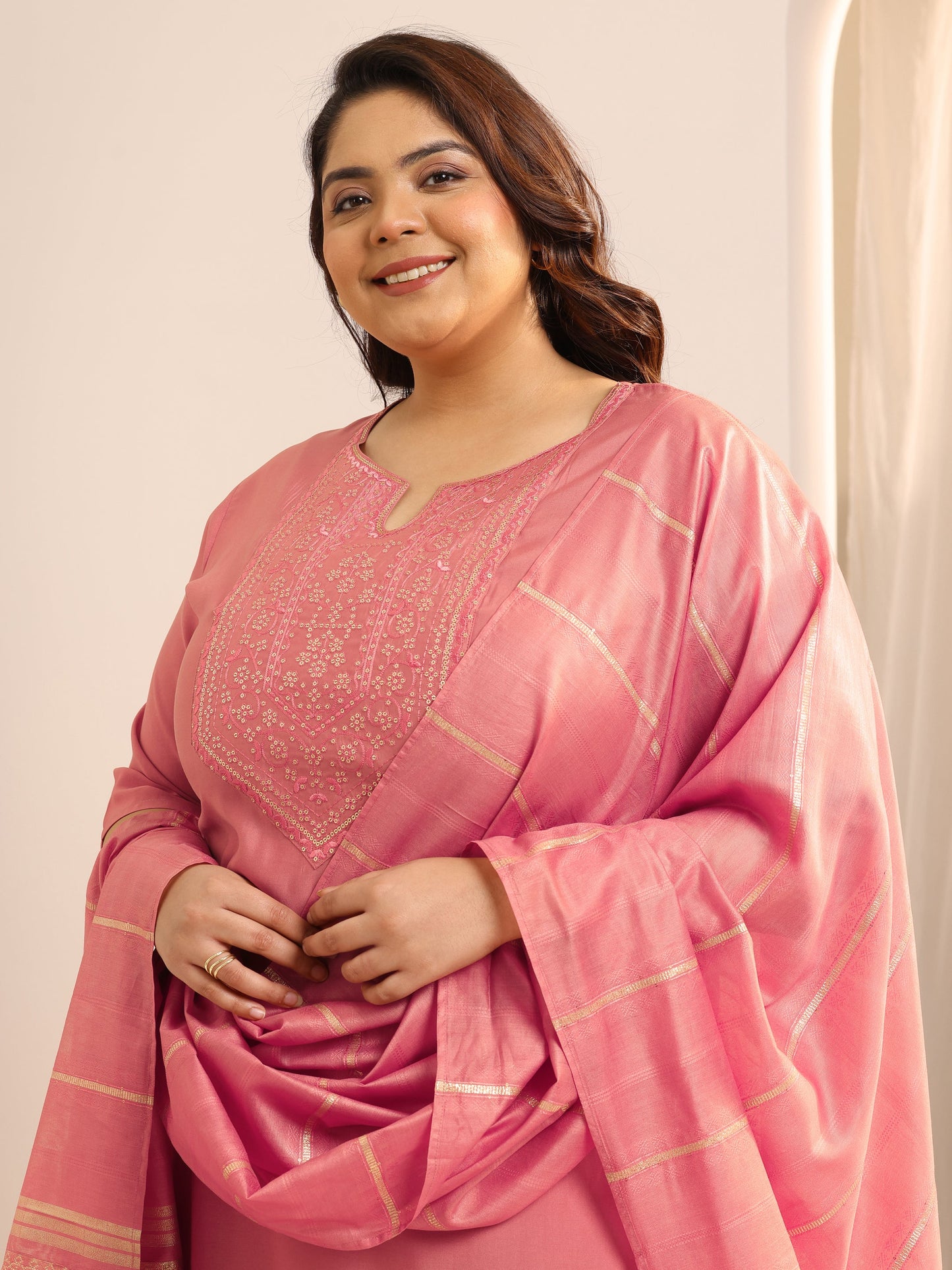 Plus Size Peach Yoke Design Silk Blend Straight Suit Set With Dupatta