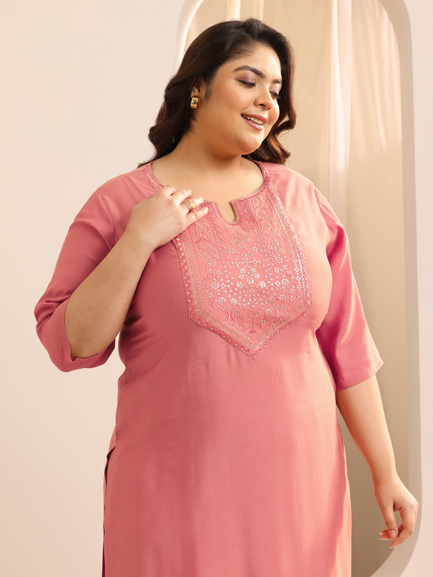 Plus Size Peach Yoke Design Silk Blend Straight Suit Set With Dupatta