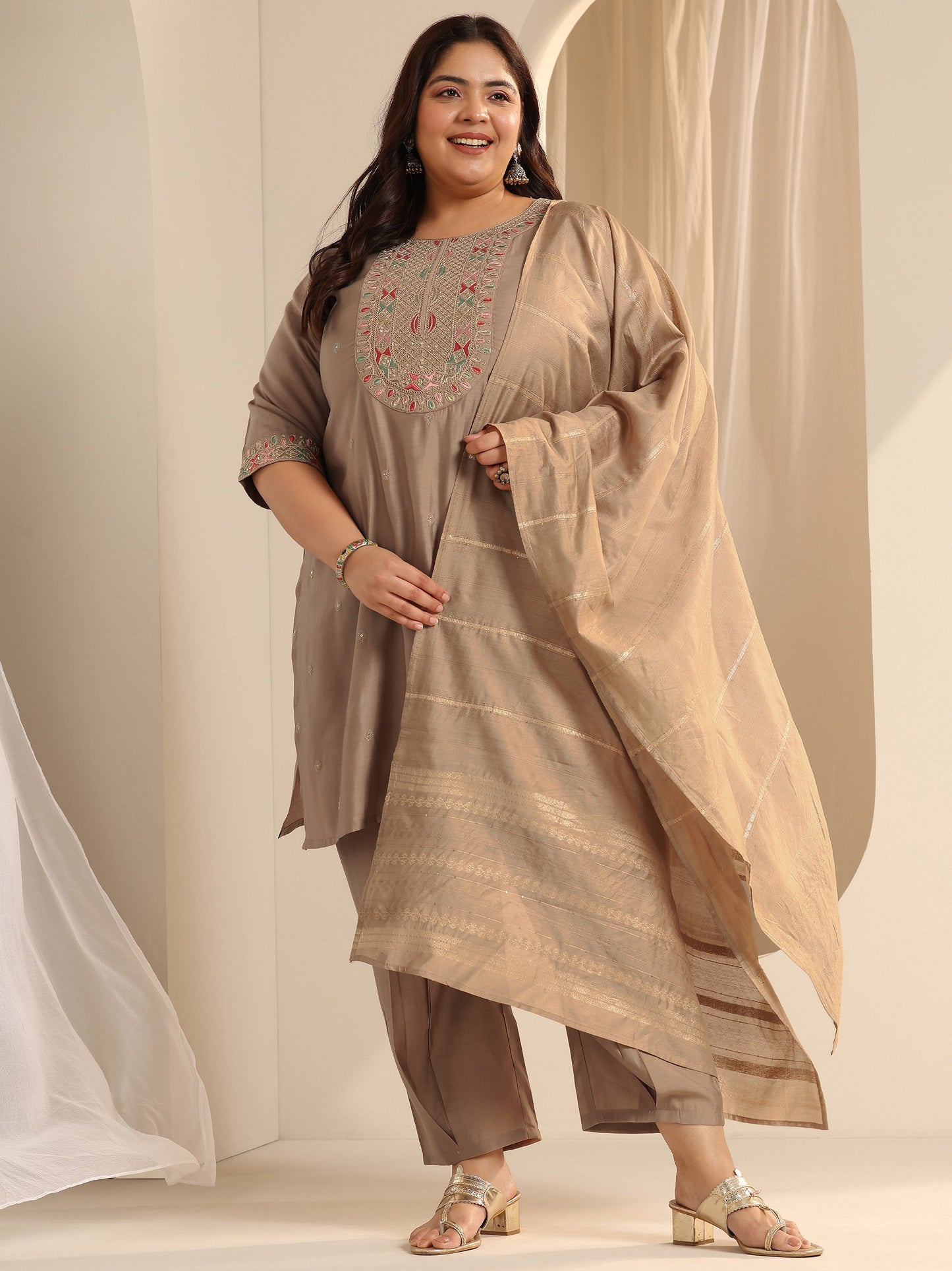 Plus Size Beige Yoke Design Silk blend Straight Suit Set With Dupatta