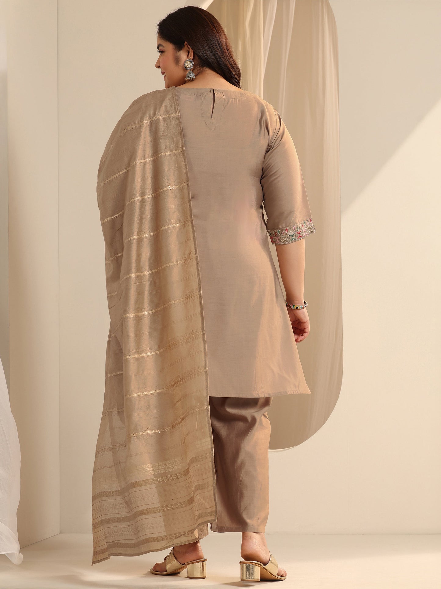 Plus Size Beige Yoke Design Silk blend Straight Suit Set With Dupatta