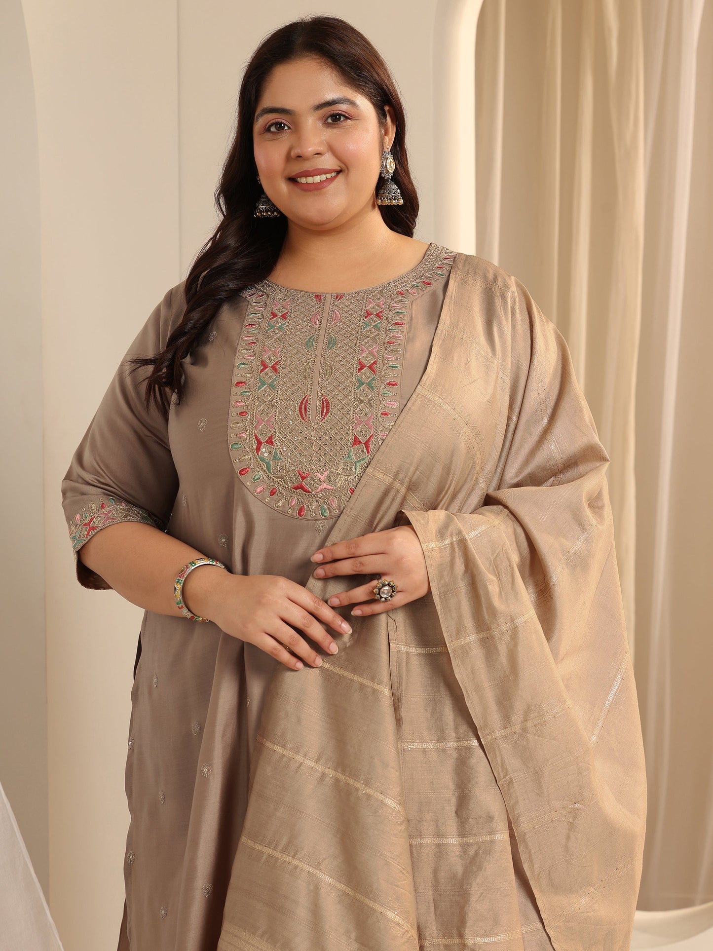 Plus Size Beige Yoke Design Silk blend Straight Suit Set With Dupatta