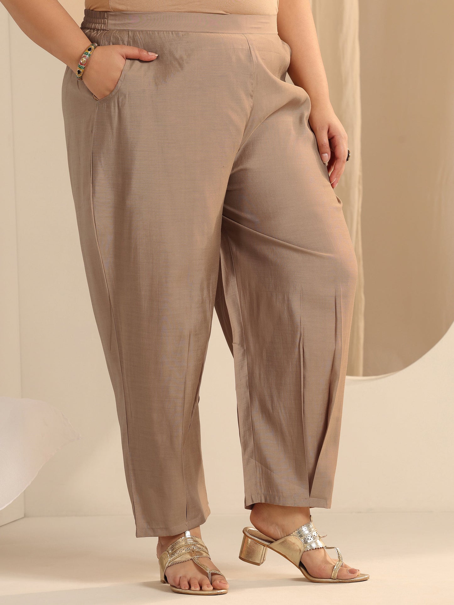 Plus Size Beige Yoke Design Silk blend Straight Suit Set With Dupatta