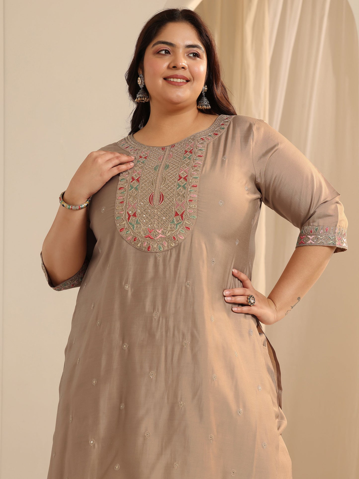 Plus Size Beige Yoke Design Silk blend Straight Suit Set With Dupatta