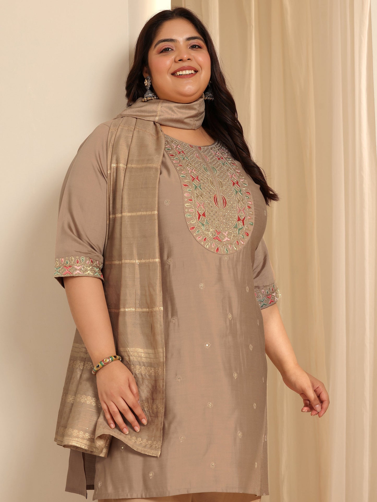 Plus Size Beige Yoke Design Silk blend Straight Suit Set With Dupatta
