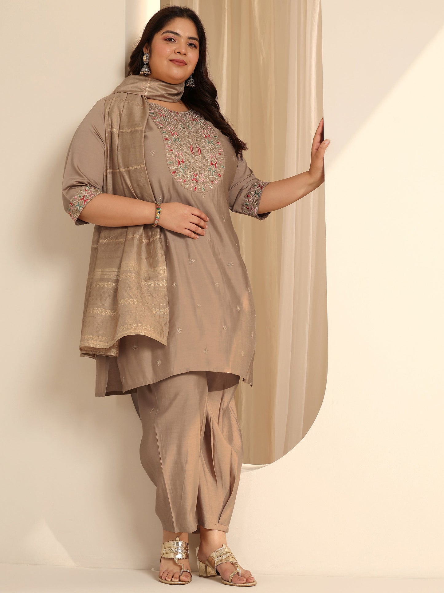 Plus Size Beige Yoke Design Silk blend Straight Suit Set With Dupatta