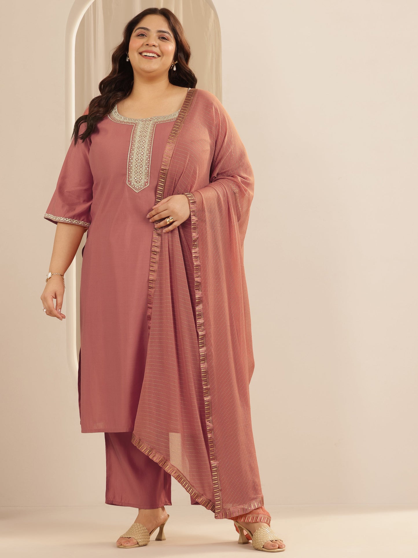 Plus Size Peach Yoke Design Silk blend Straight Suit Set With Dupatta