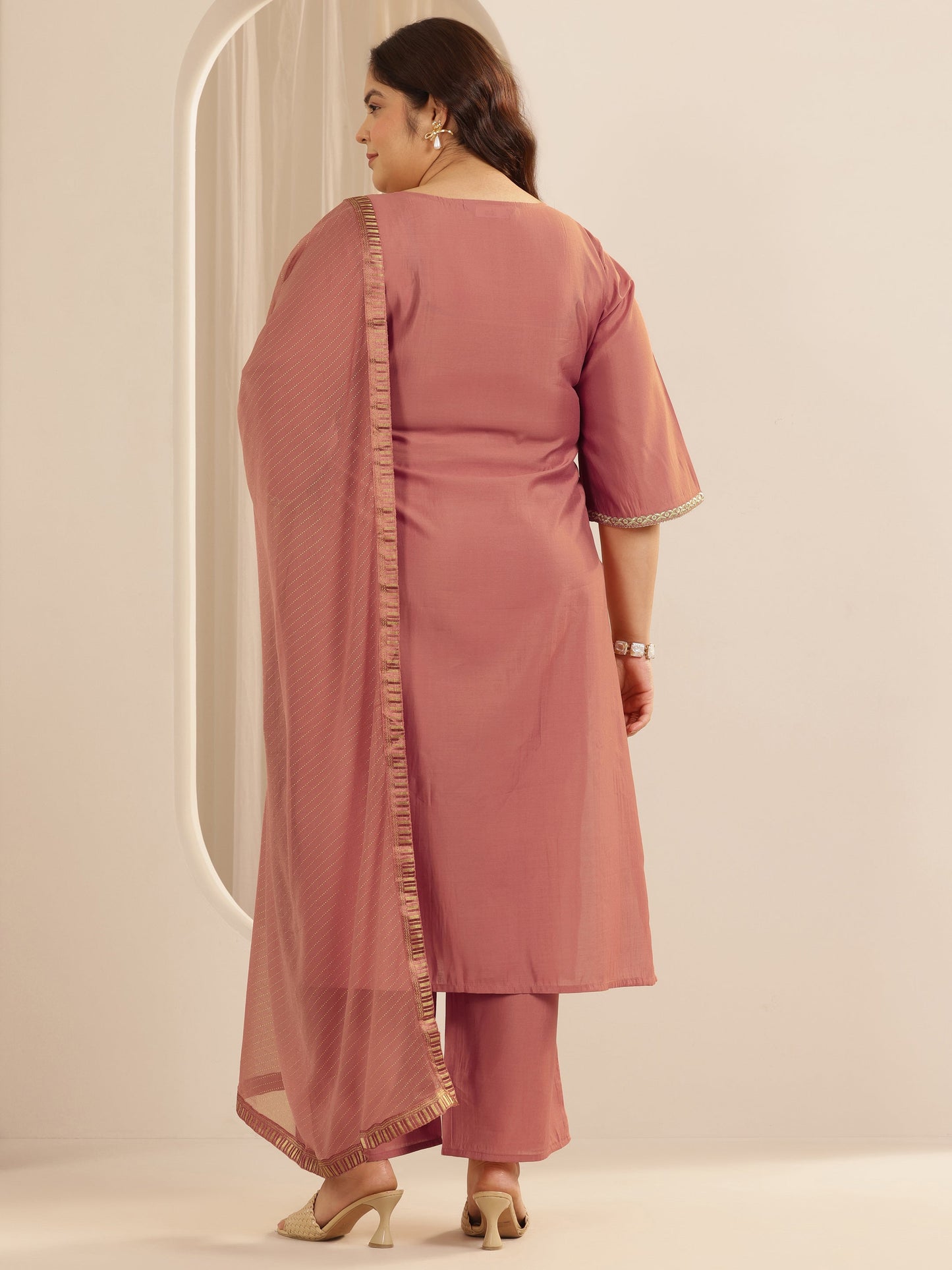 Plus Size Peach Yoke Design Silk blend Straight Suit Set With Dupatta
