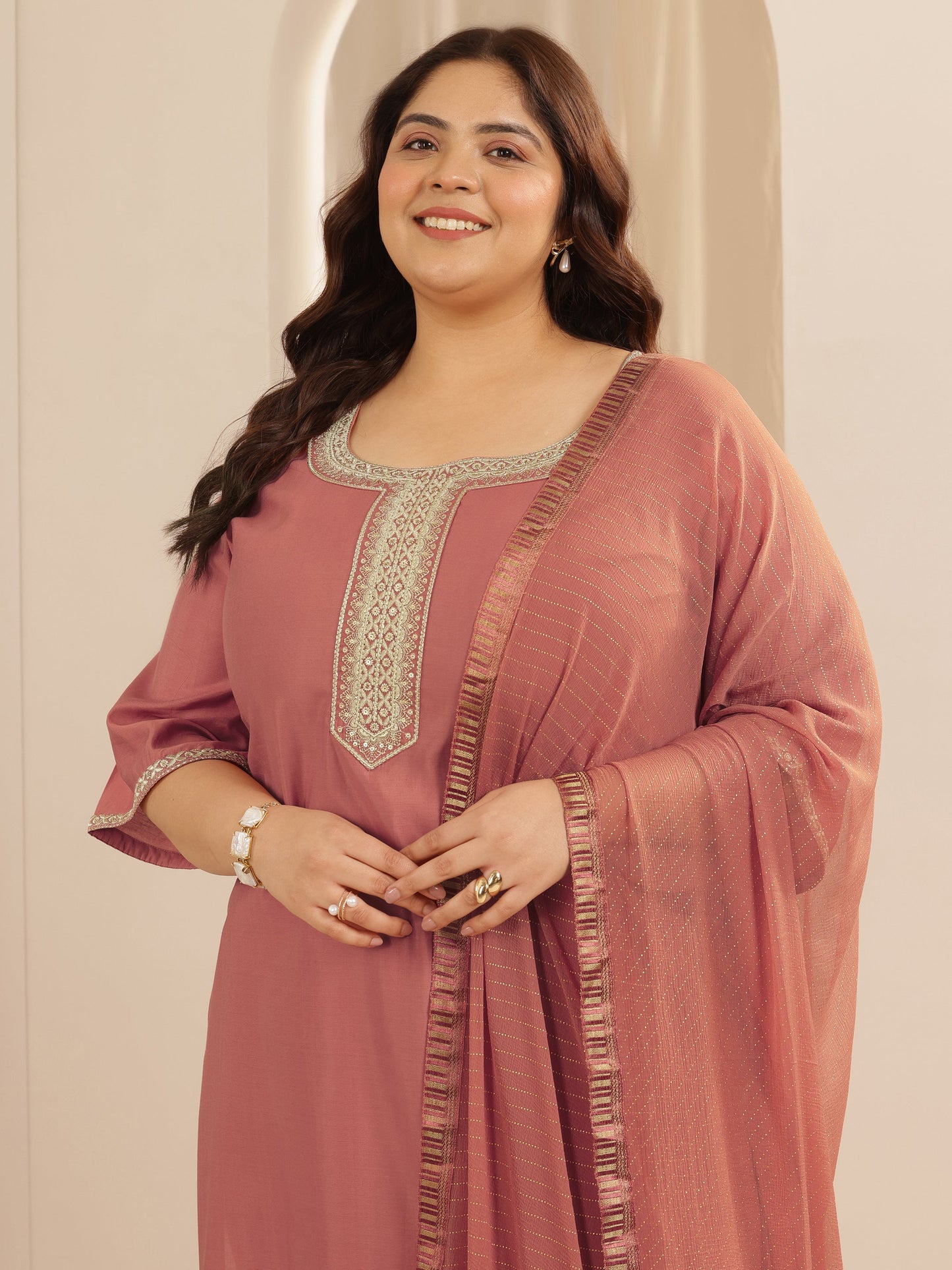 Plus Size Peach Yoke Design Silk blend Straight Suit Set With Dupatta