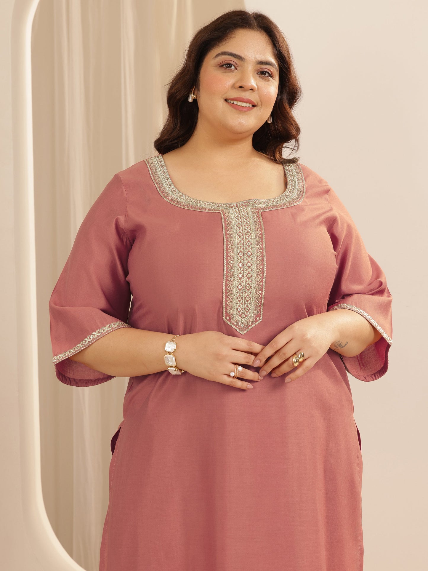 Plus Size Peach Yoke Design Silk blend Straight Suit Set With Dupatta