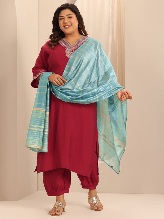Plus Size Red Yoke Design Silk Blend Straight Suit Set With Dupatta