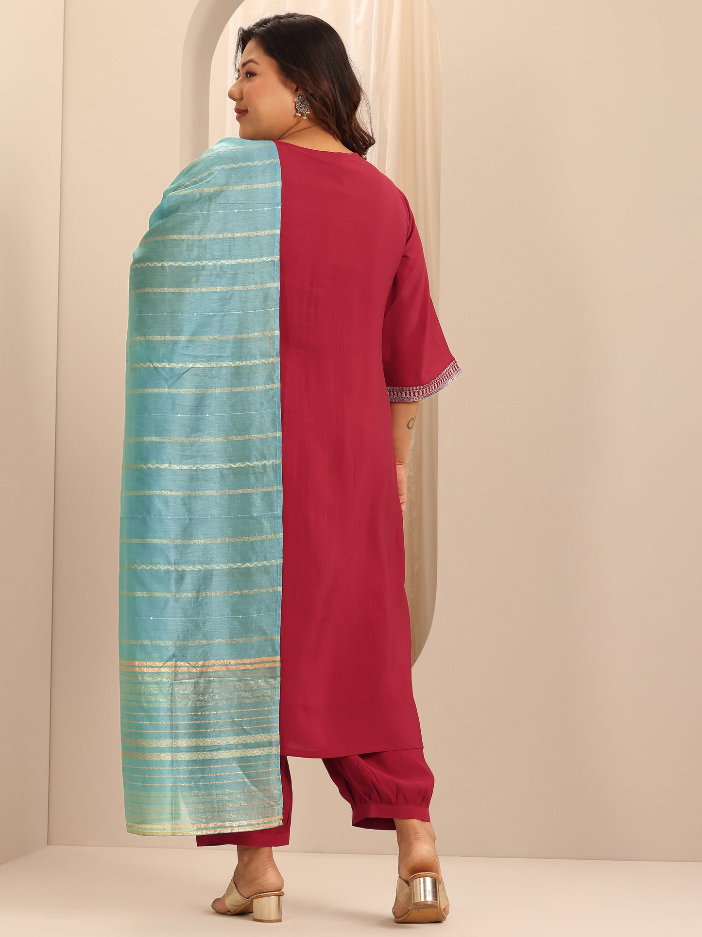 Plus Size Red Yoke Design Silk Blend Straight Suit Set With Dupatta