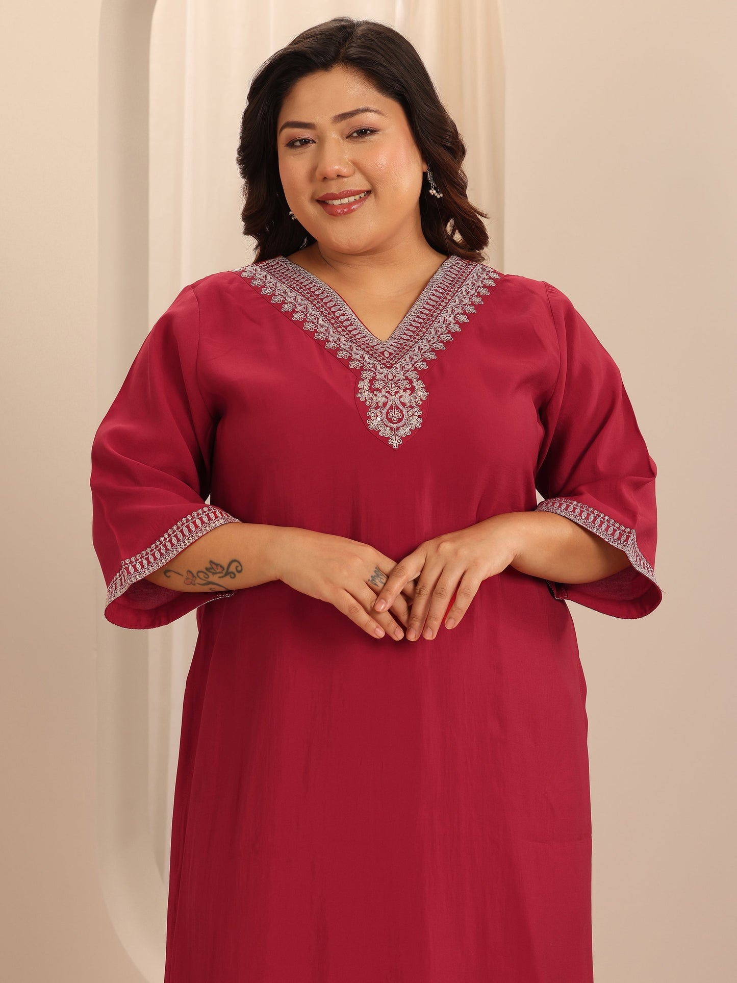 Plus Size Red Yoke Design Silk Blend Straight Suit Set With Dupatta