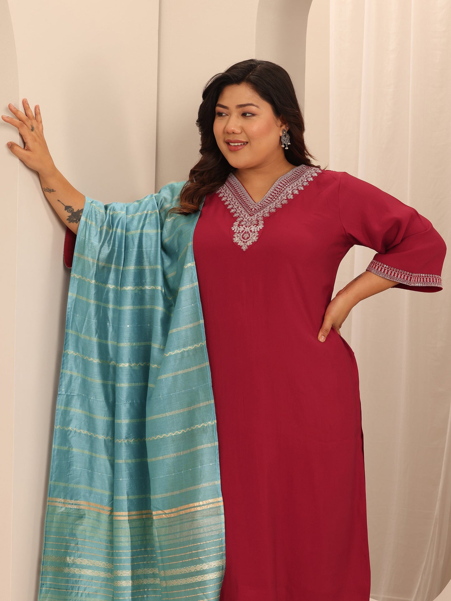 Plus Size Red Yoke Design Silk Blend Straight Suit Set With Dupatta