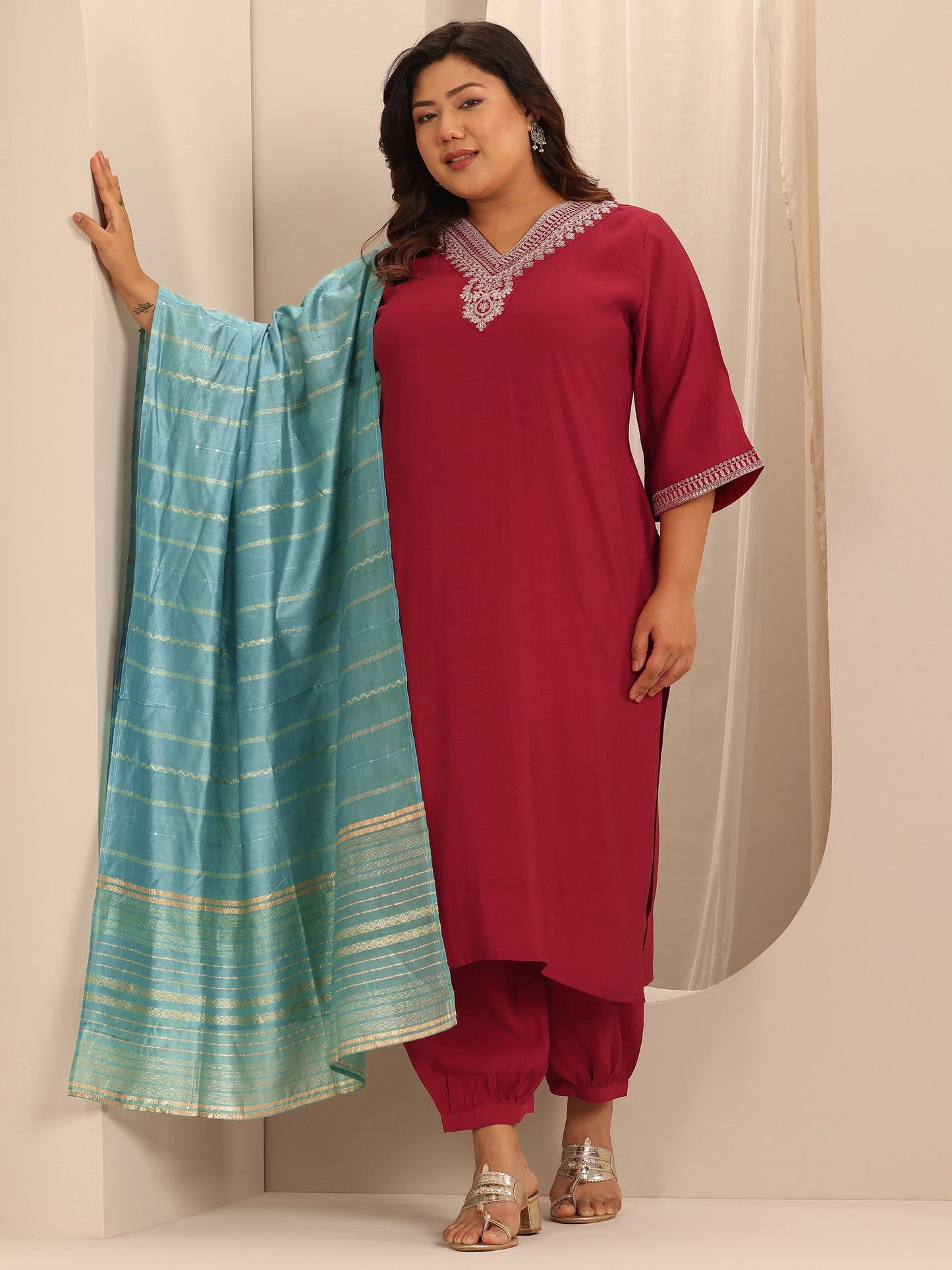 Plus Size Red Yoke Design Silk Blend Straight Suit Set With Dupatta