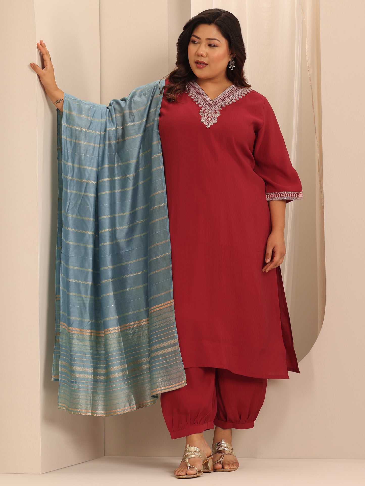 Plus Size Red Yoke Design Silk Blend Straight Suit Set With Dupatta