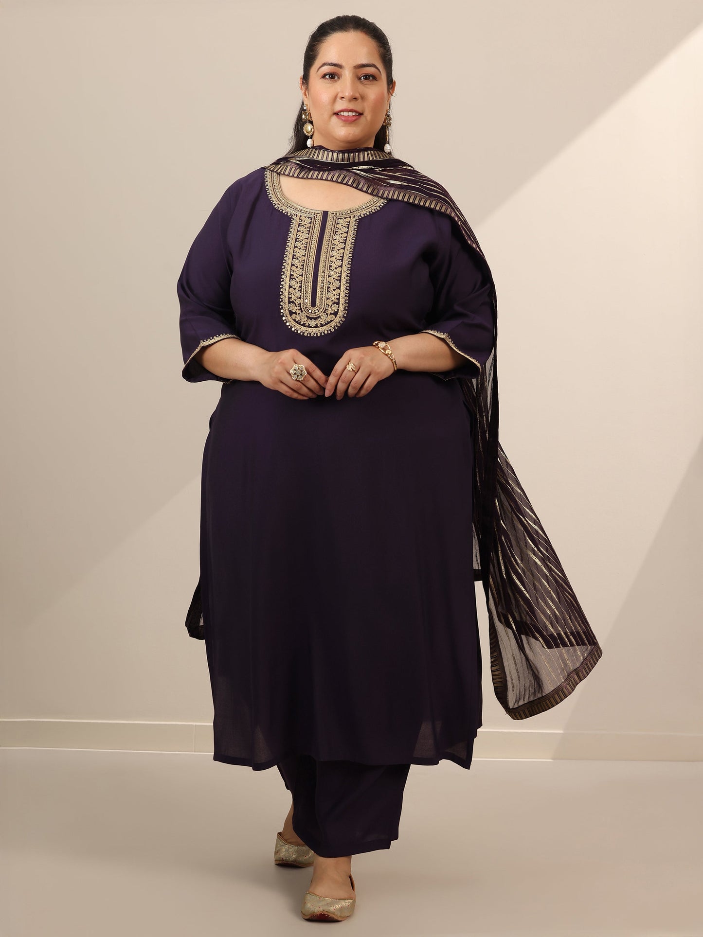 Plus Size Purple Yoke Design Silk Blend Straight Suit Set With Dupatta