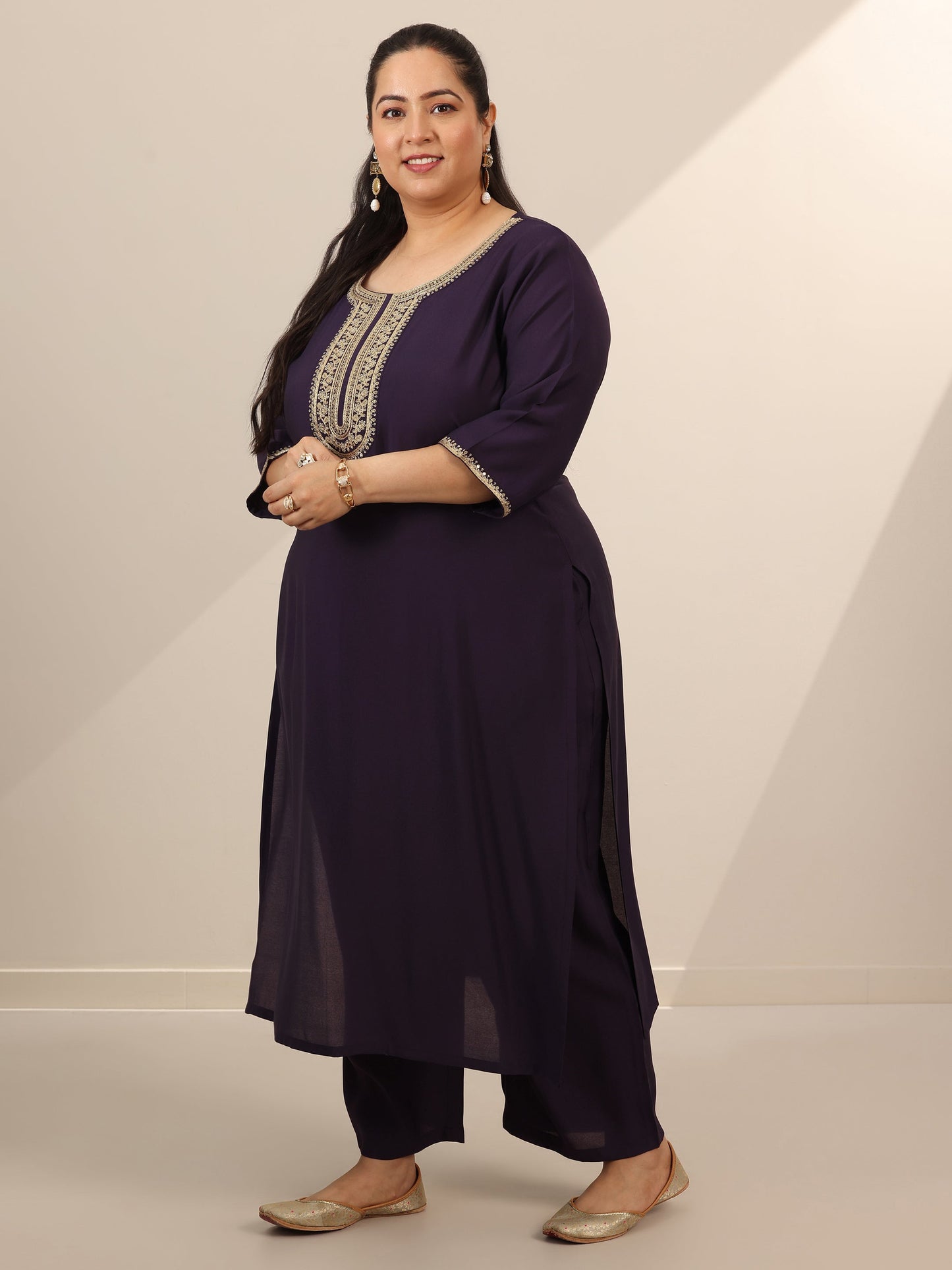 Plus Size Purple Yoke Design Silk Blend Straight Suit Set With Dupatta