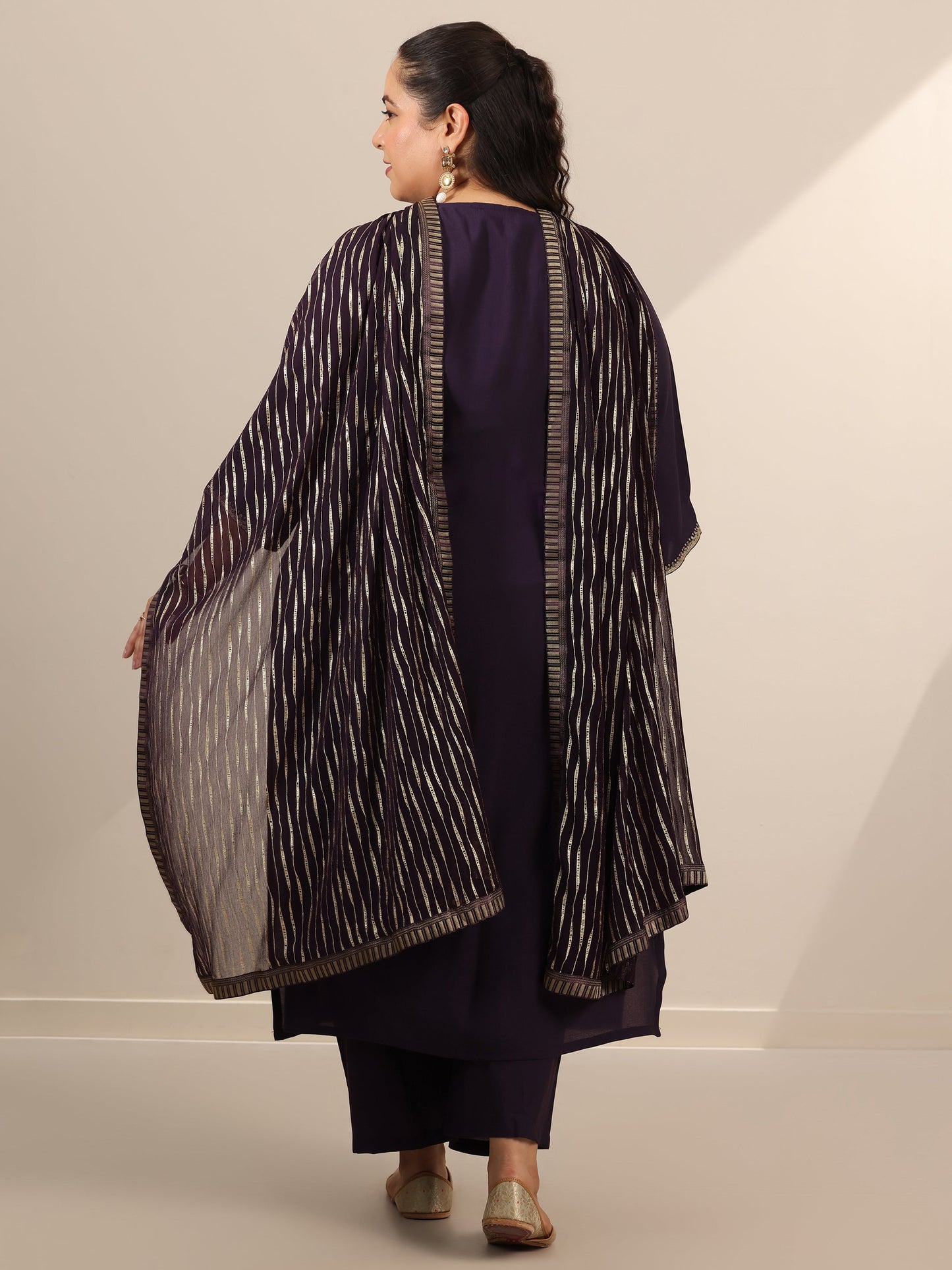 Plus Size Purple Yoke Design Silk Blend Straight Suit Set With Dupatta