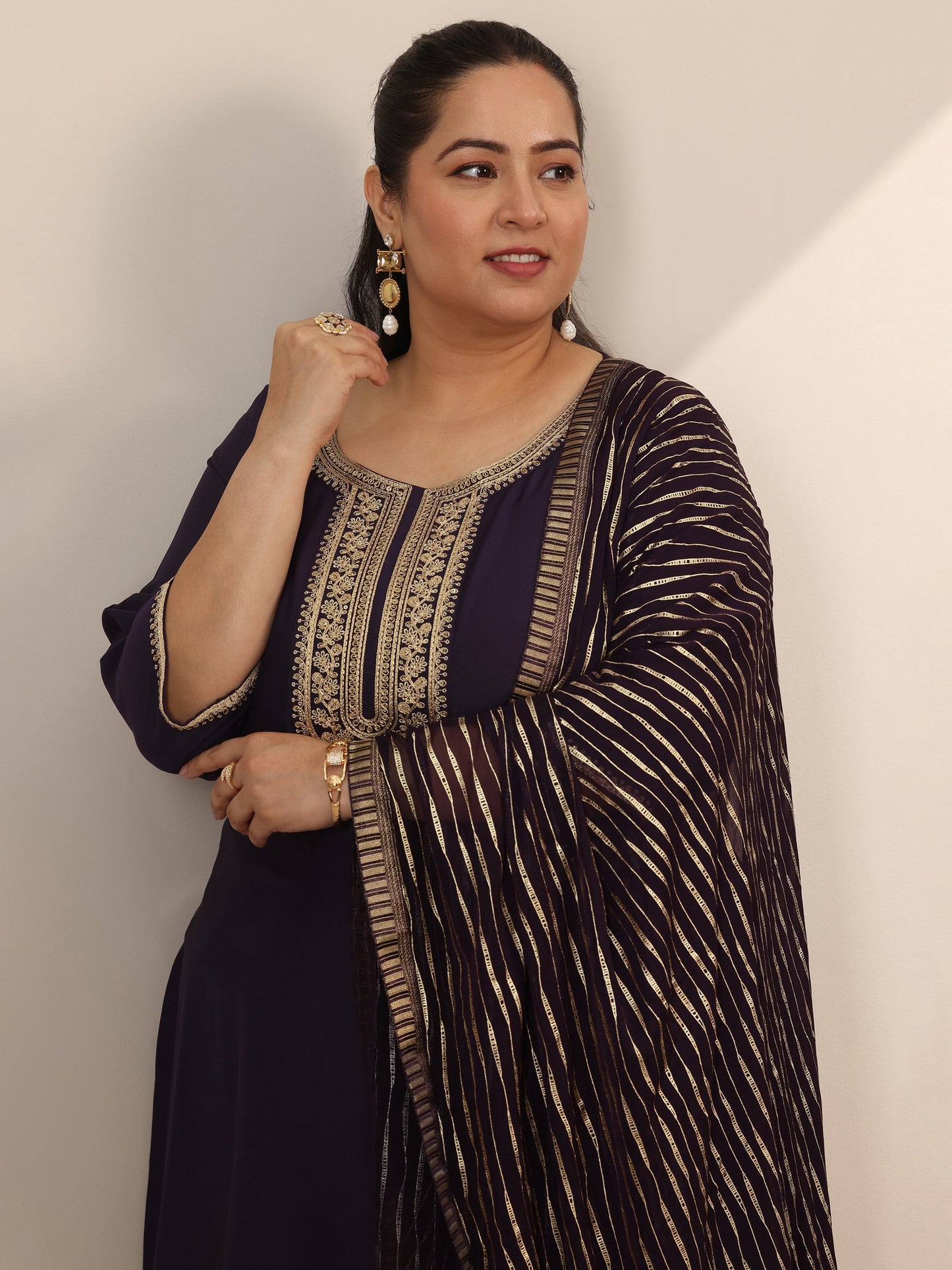 Plus Size Purple Yoke Design Silk Blend Straight Suit Set With Dupatta