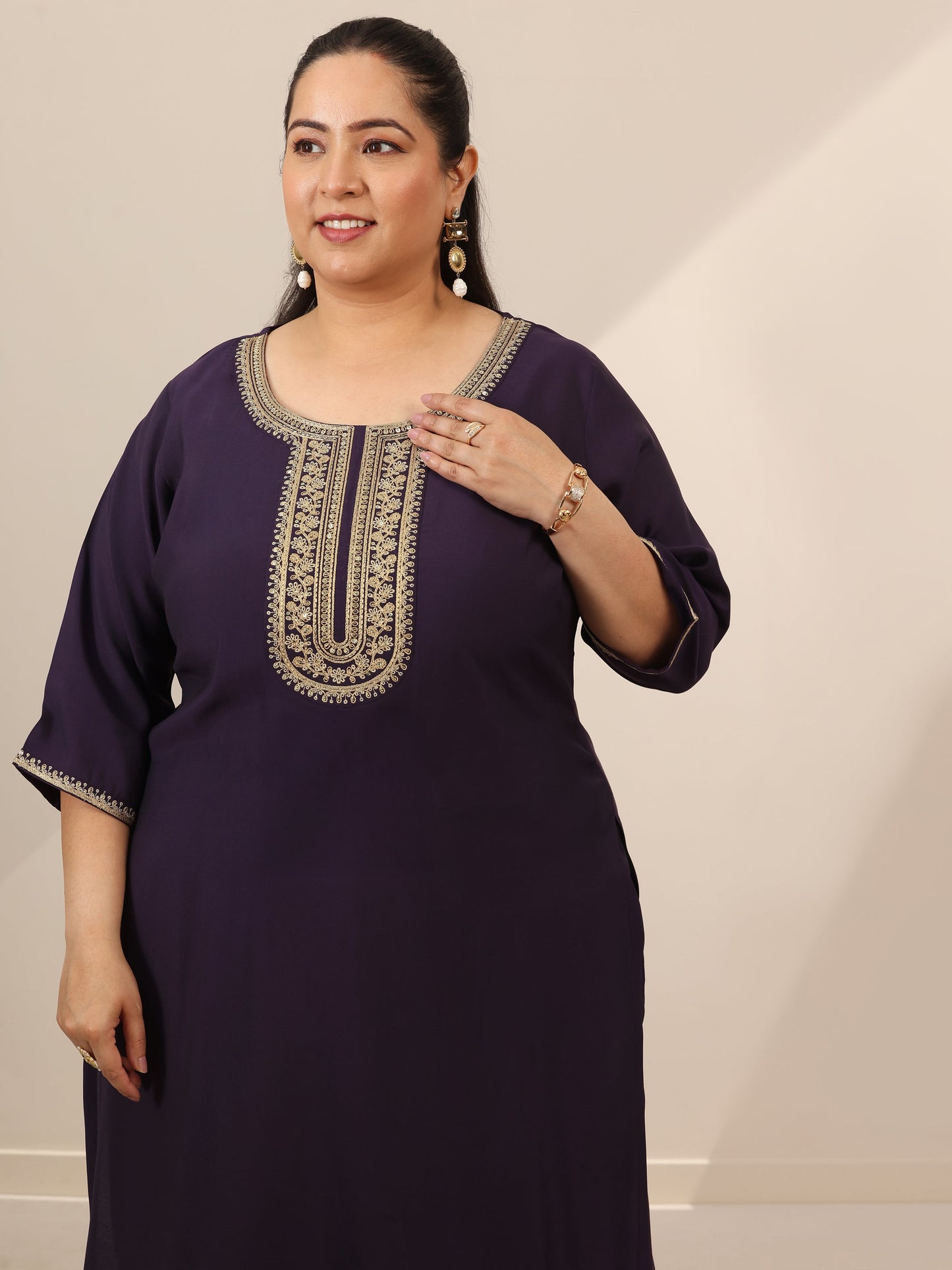 Plus Size Purple Yoke Design Silk Blend Straight Suit Set With Dupatta