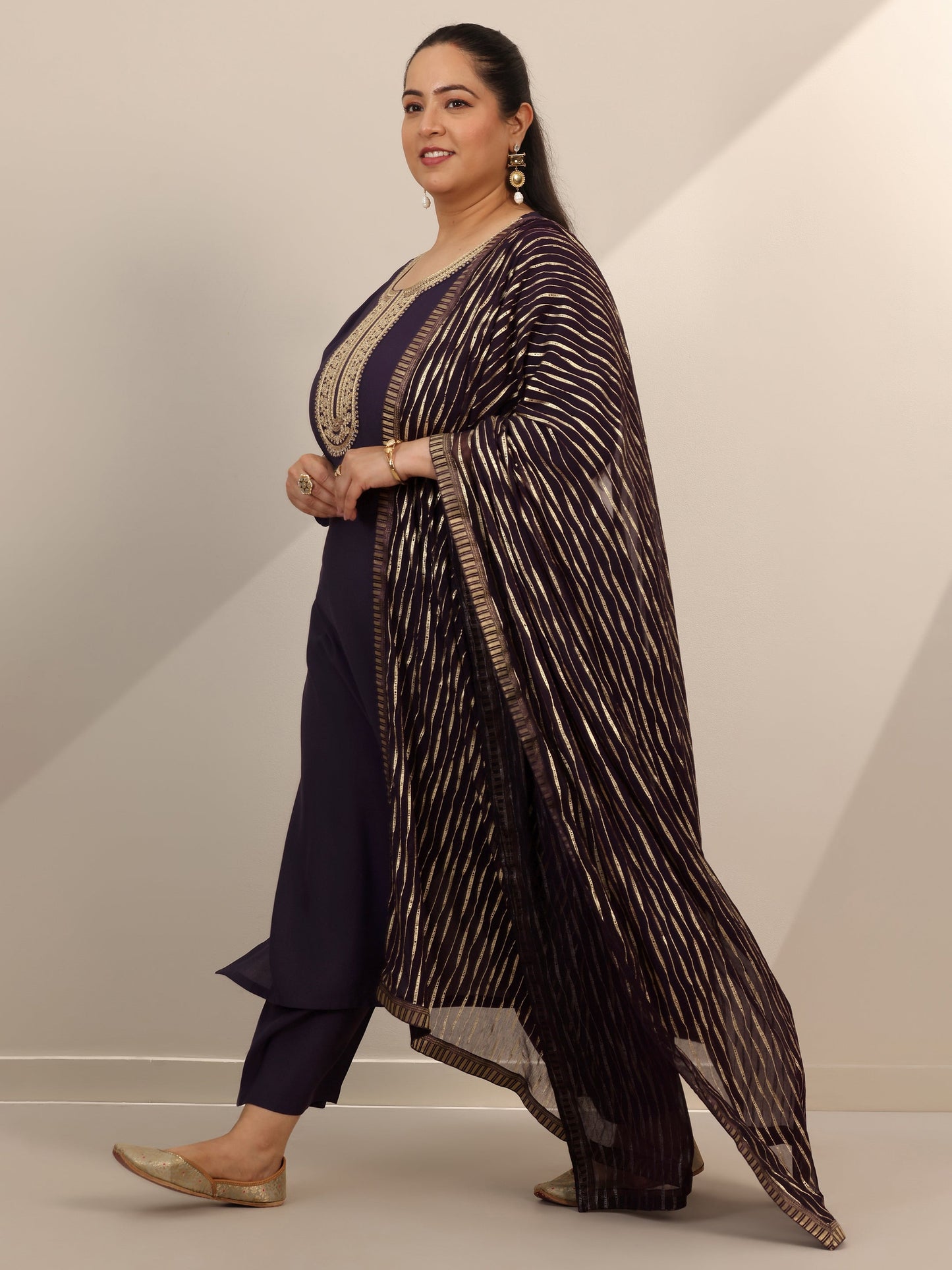 Plus Size Purple Yoke Design Silk Blend Straight Suit Set With Dupatta