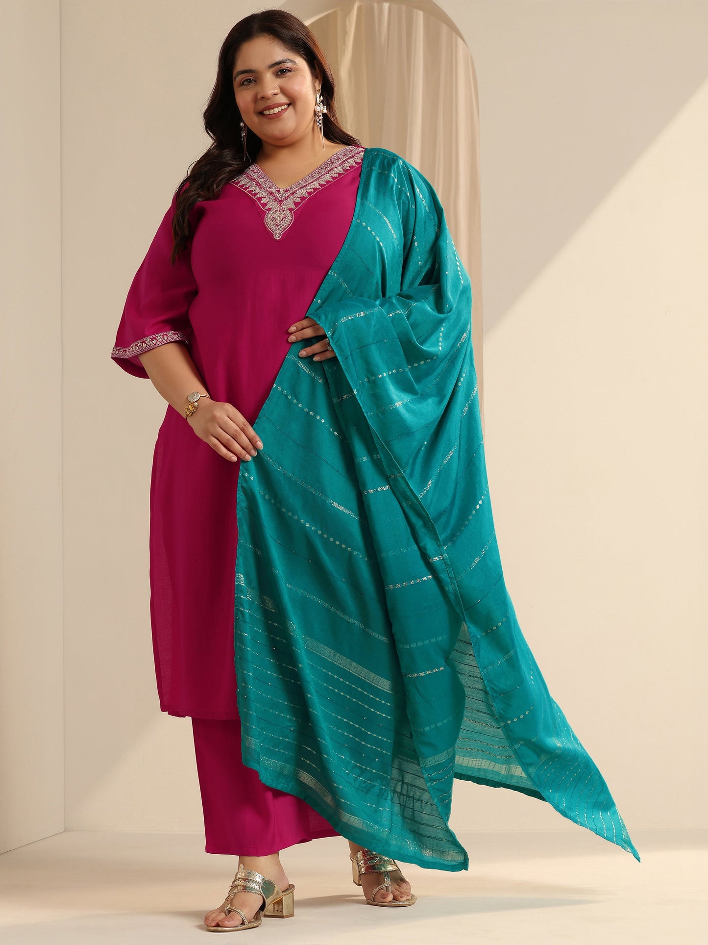 Plus Size Pink Yoke Design Silk blend Straight Suit Set With Dupatta