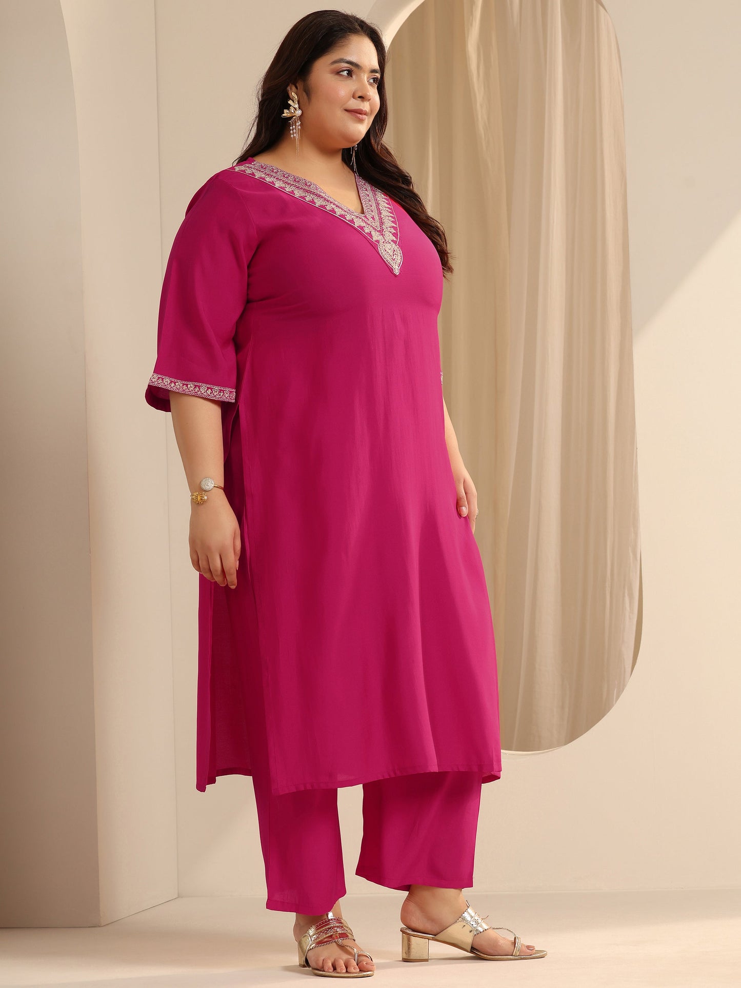 Plus Size Pink Yoke Design Silk blend Straight Suit Set With Dupatta