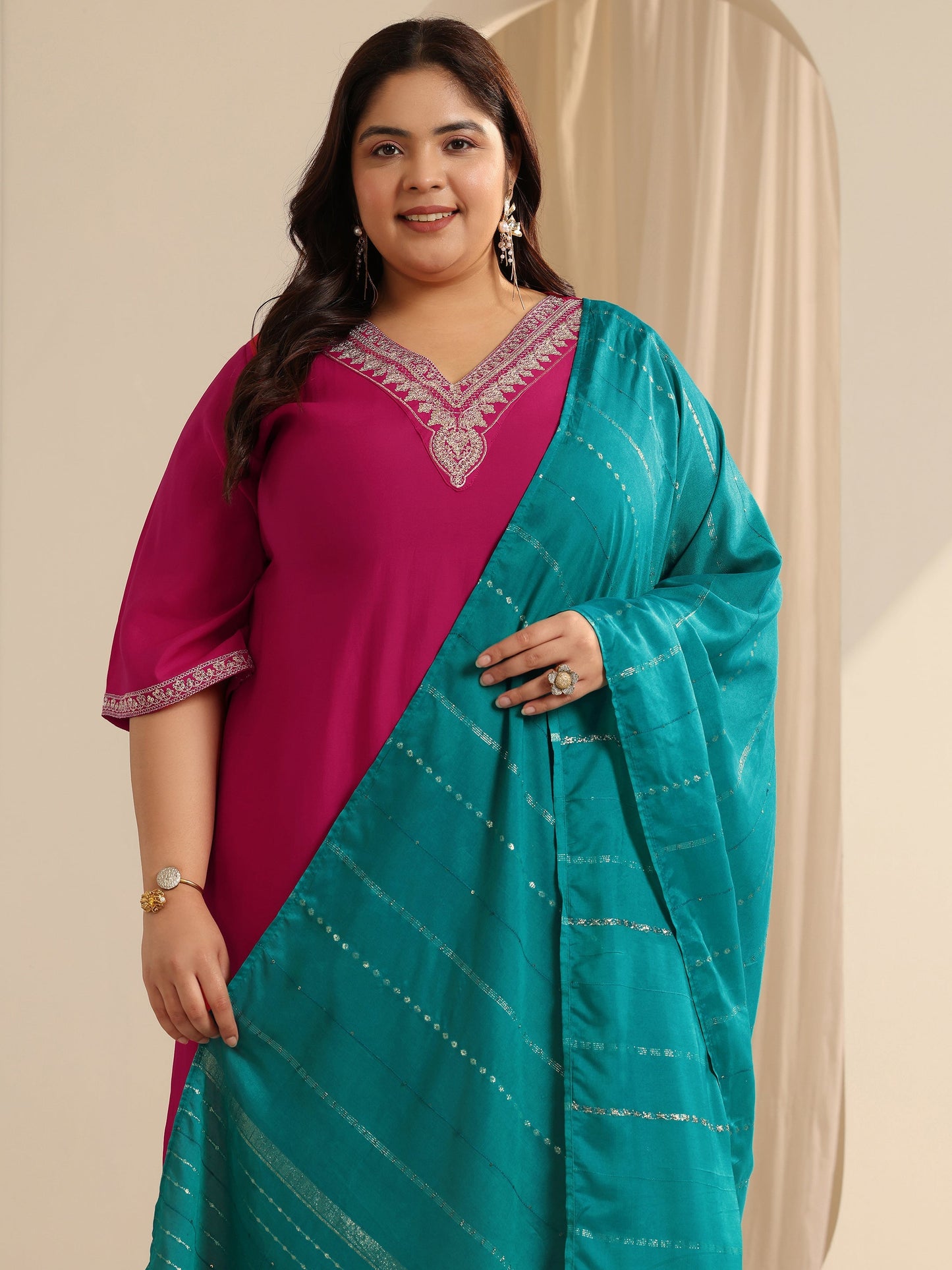 Plus Size Pink Yoke Design Silk blend Straight Suit Set With Dupatta