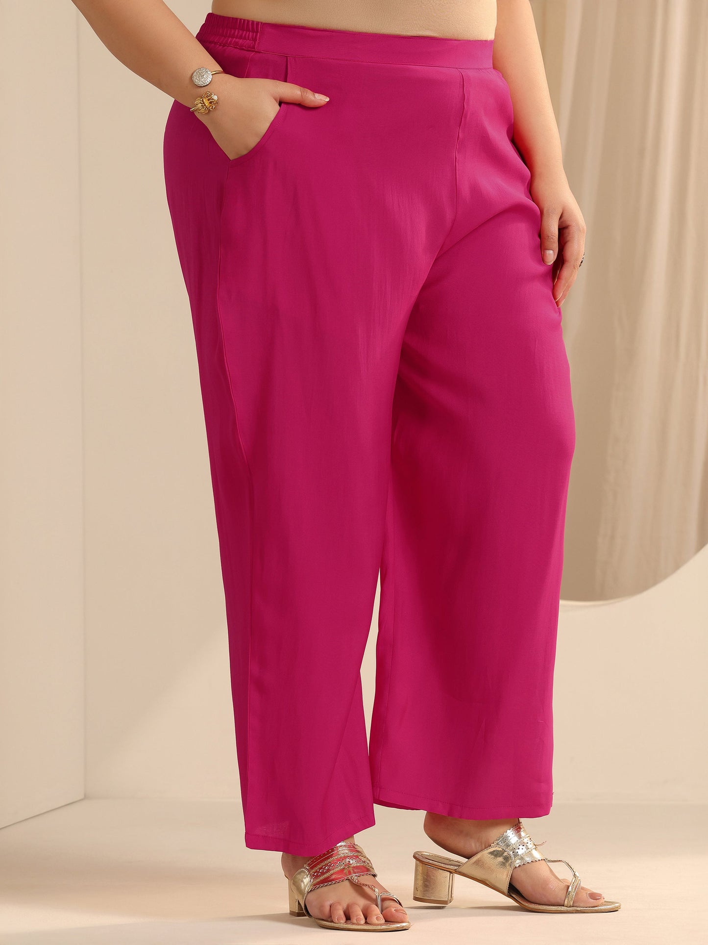 Plus Size Pink Yoke Design Silk blend Straight Suit Set With Dupatta